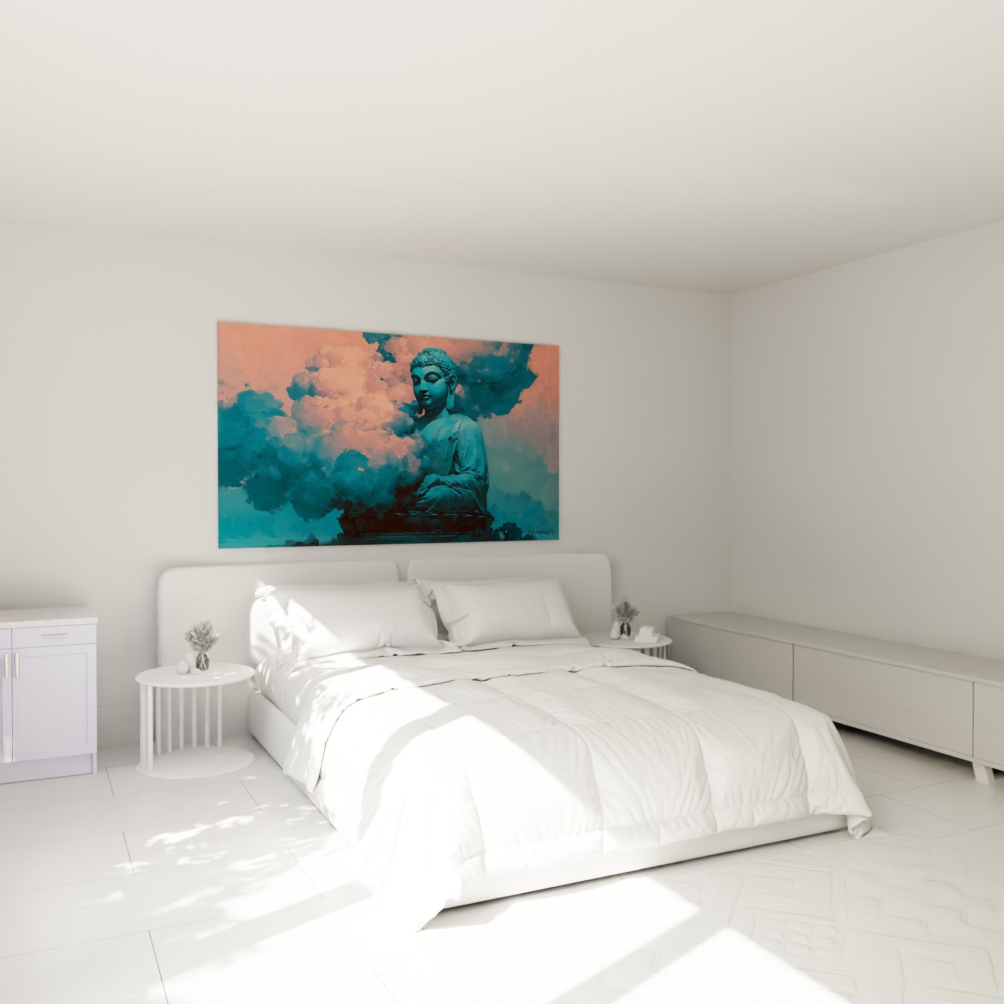 Silhouette de Bouddha bleu pétrole et corail en méditation, accrochée au-dessus d'un lit dans une chambre claire