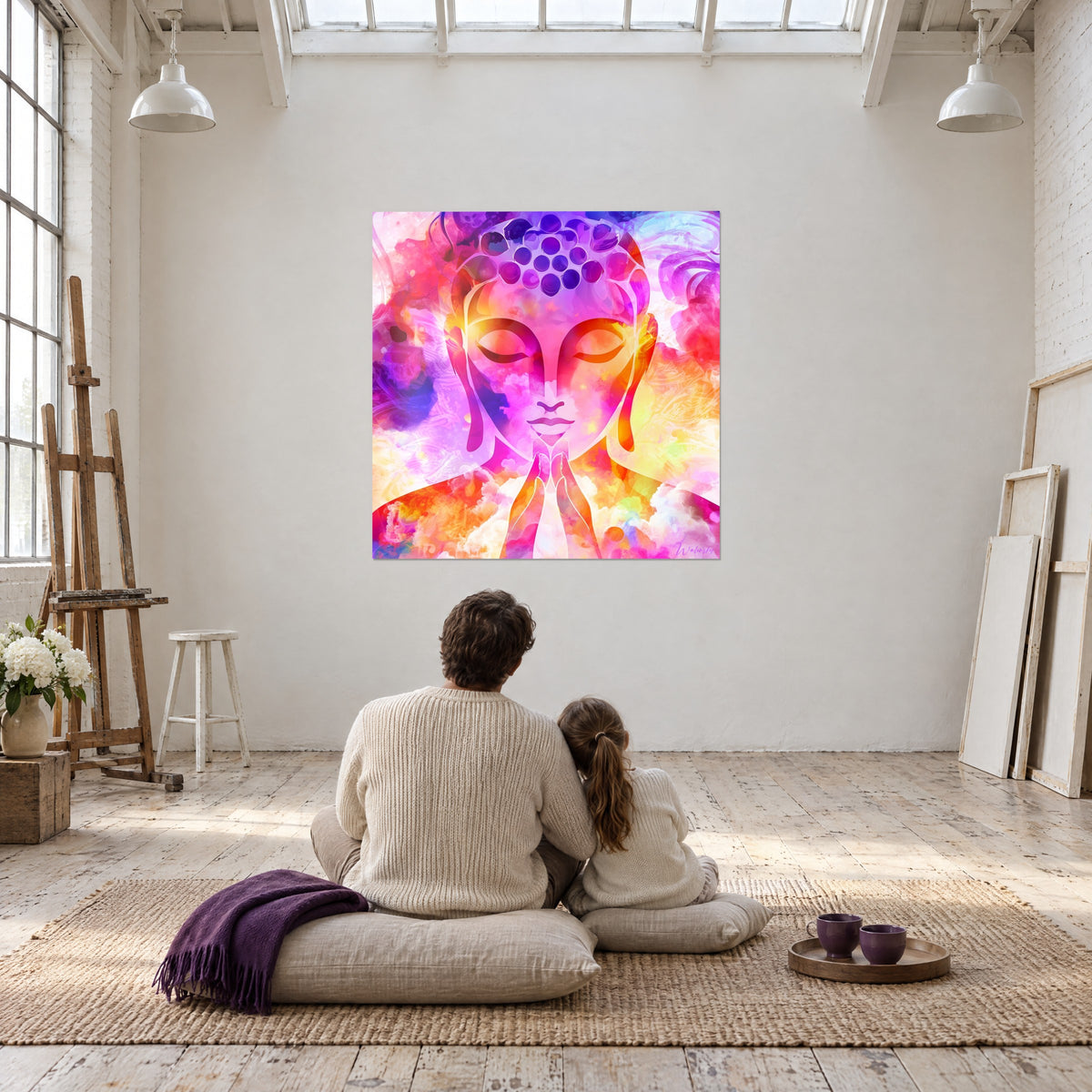 Gemälde meditative Figur in Verläufen aus Magenta, Orange und Lavendel, ein Erwachsener und ein Kind von hinten auf Kissen sitzend, Künstleratelier