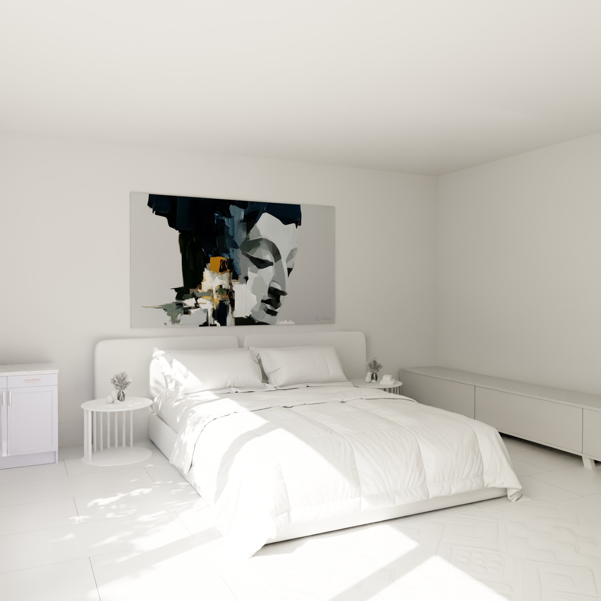 Visage de Bouddha ocre et anthracite au-dessus d'un lit dans une chambre claire