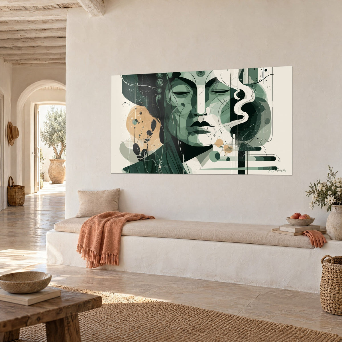 Tableau portrait zen aux volutes de fumée blanche, tons vert profond et crème, soleil abricot, mur blanc d'une maison méditerranéenne