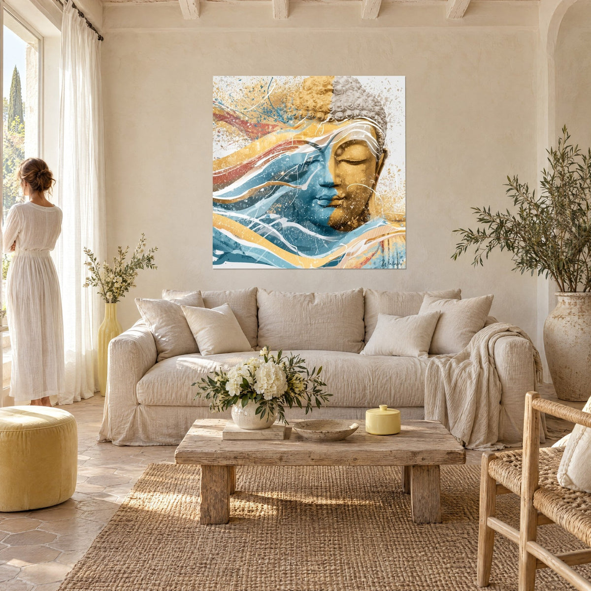 Quadro volto del Buddha metà dorato metà blu, onde ocra, rosse e bianche, coppia di spalle sopra un divano in un soggiorno luminoso