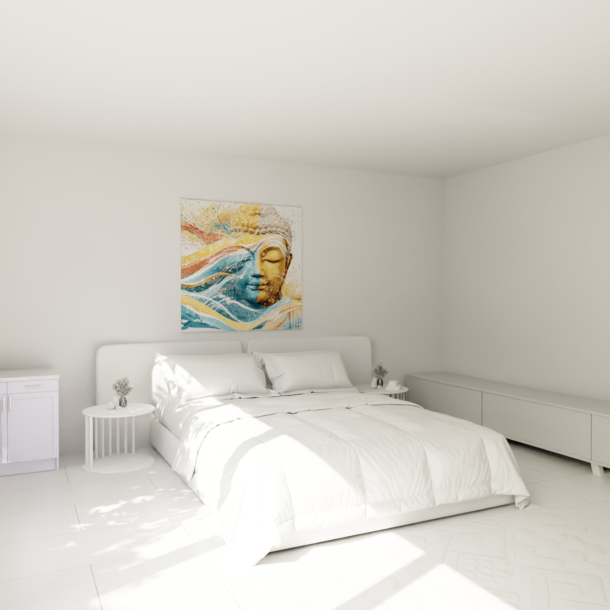 Sérénité d'un Bouddha doré et bleu au-dessus d'un lit dans une chambre claire