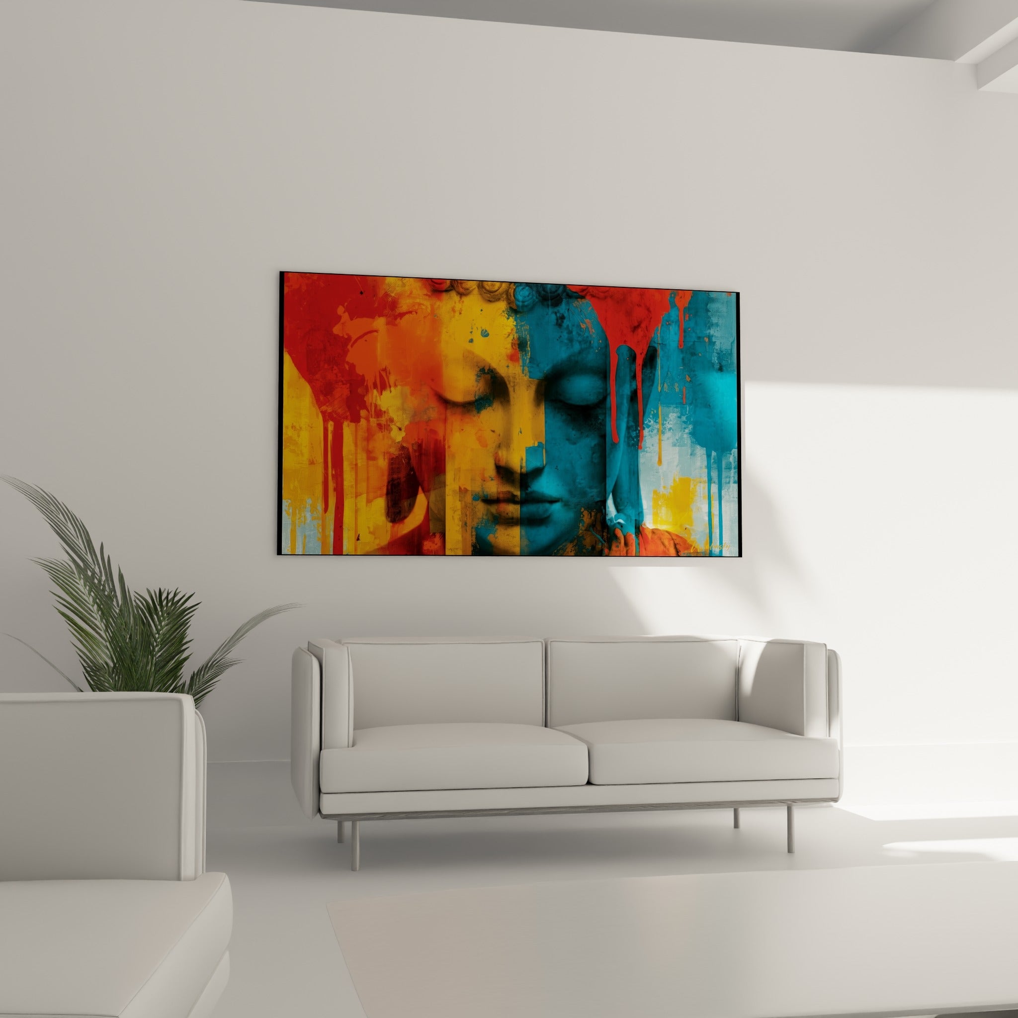 Sérénité du Bouddha aux teintes ocre et bleu marine, suspendu au-dessus d'un canapé dans un salon lumineux
