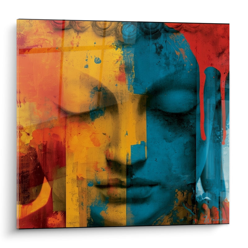 Tableau Visage aux teintes ocre et bleu pétrole - Sérénité contrastée - Edition Bouddha