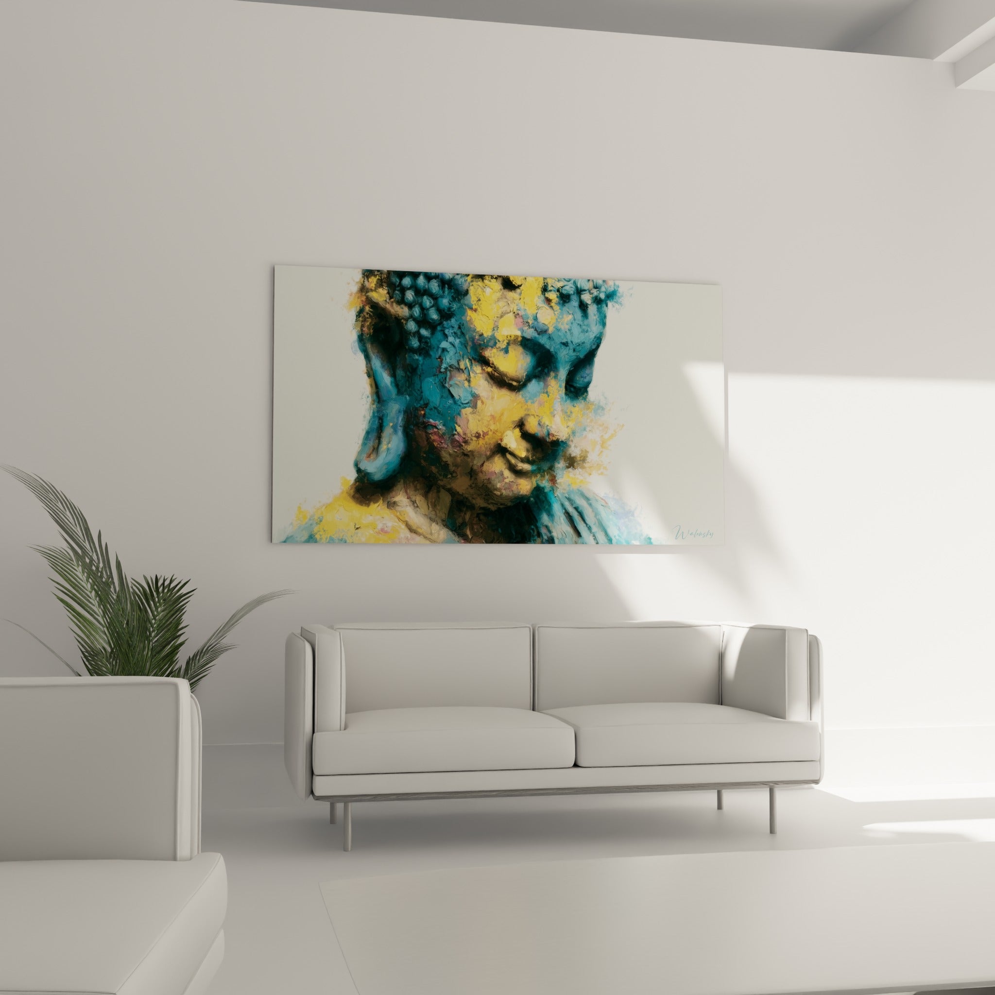 Bouddha méditatif aux tons bleu marine et jaune ocre, suspendu au-dessus d'un canapé dans un salon lumineux