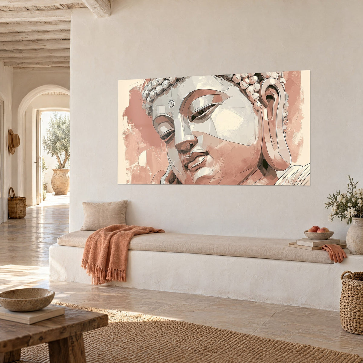 Tableau effigie bouddhique aux paupières mi-closes, camaïeu saumon et crème, boucles de cheveux perlées, mur d'une maison méditerranéenne
