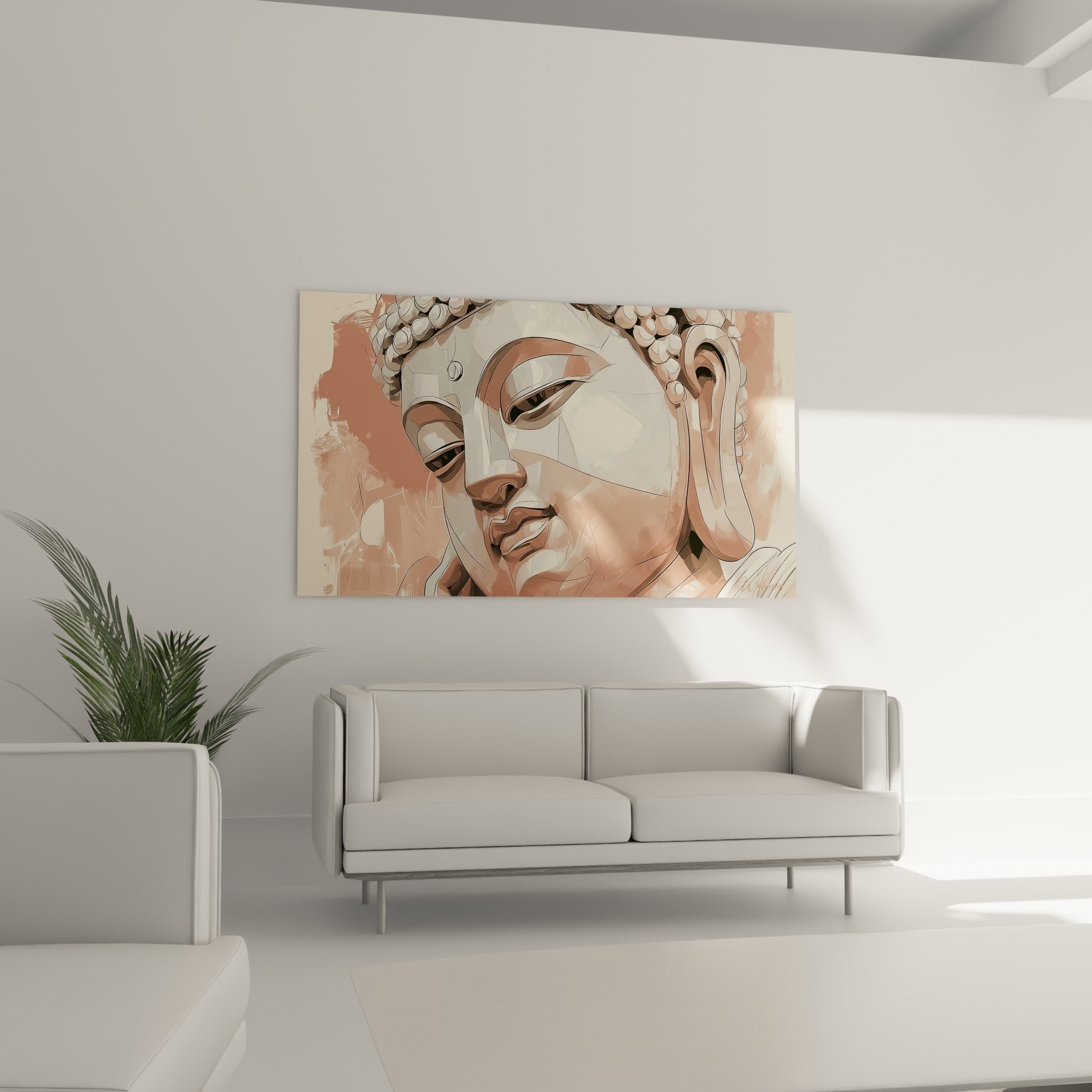 Bouddha méditatif teinté d'ocre et de rosé, accroché au-dessus d'un canapé dans un salon lumineux
