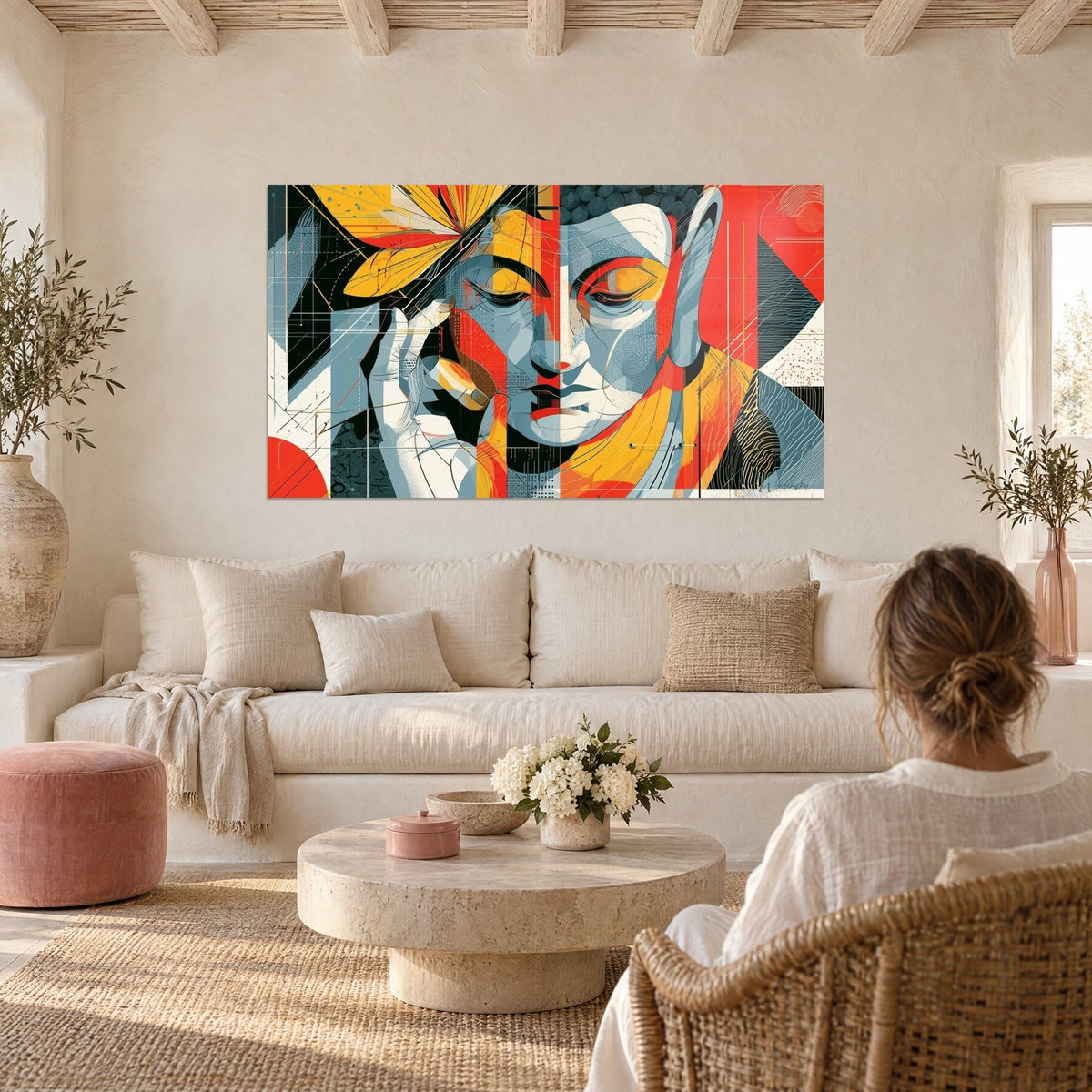 Tableau visage de Bouddha cubiste, aplats rouge vif et jaune safran, fleur graphique, au-dessus d'un canapé dans un salon lumineux