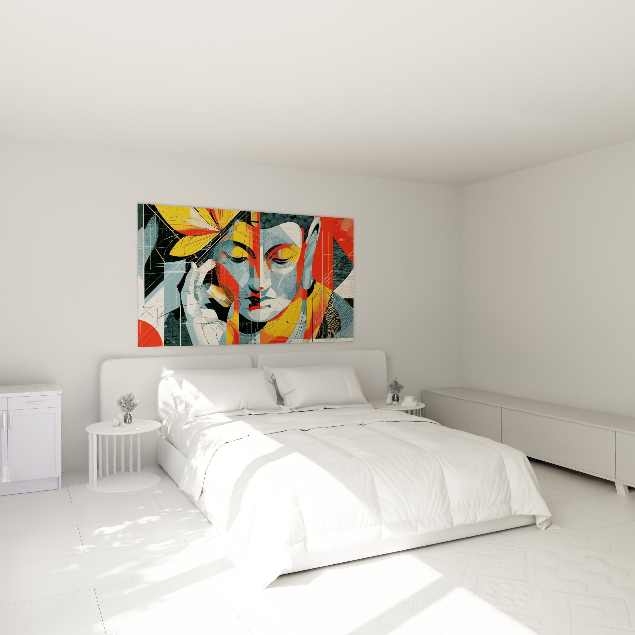 Bouddha méditatif aux tons rouge et ocre, main levée au visage, au-dessus d'un lit dans une chambre claire