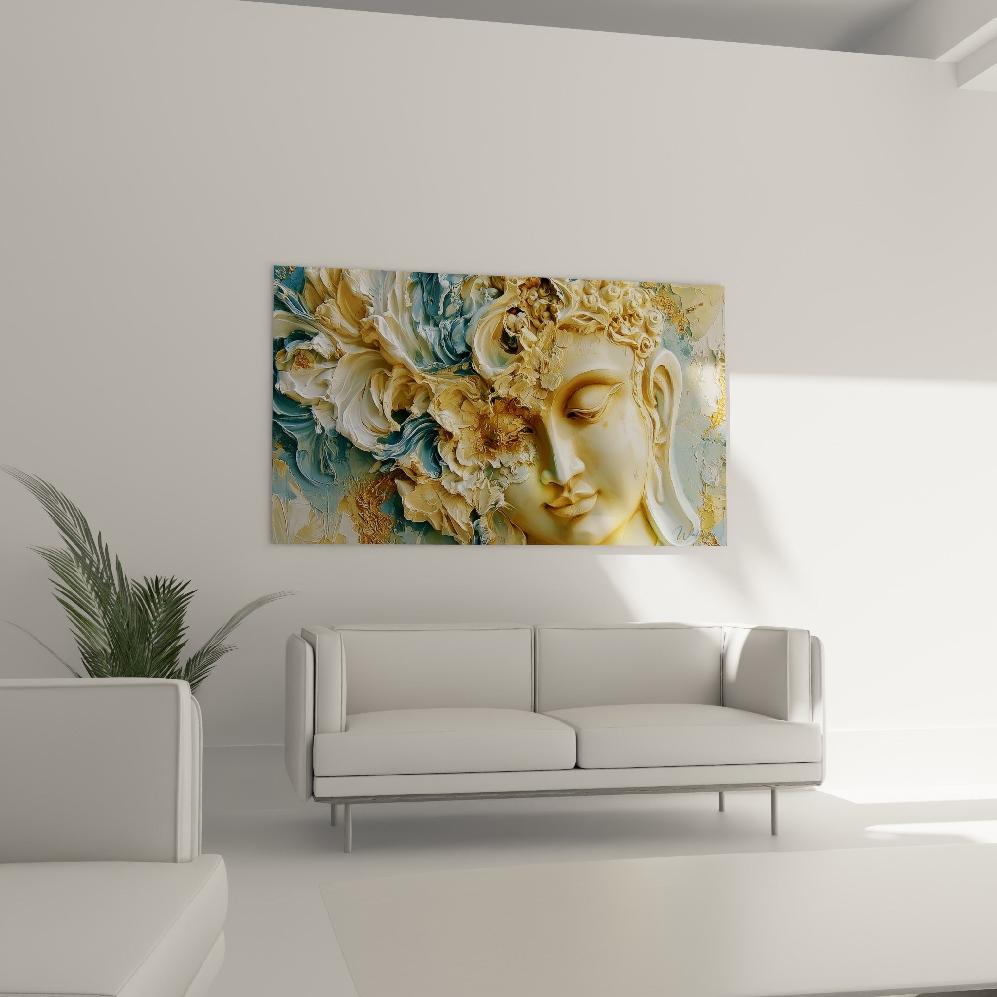 Profil serein du Bouddha ocre et bleu sauge, au-dessus d'un canapé dans un salon lumineux