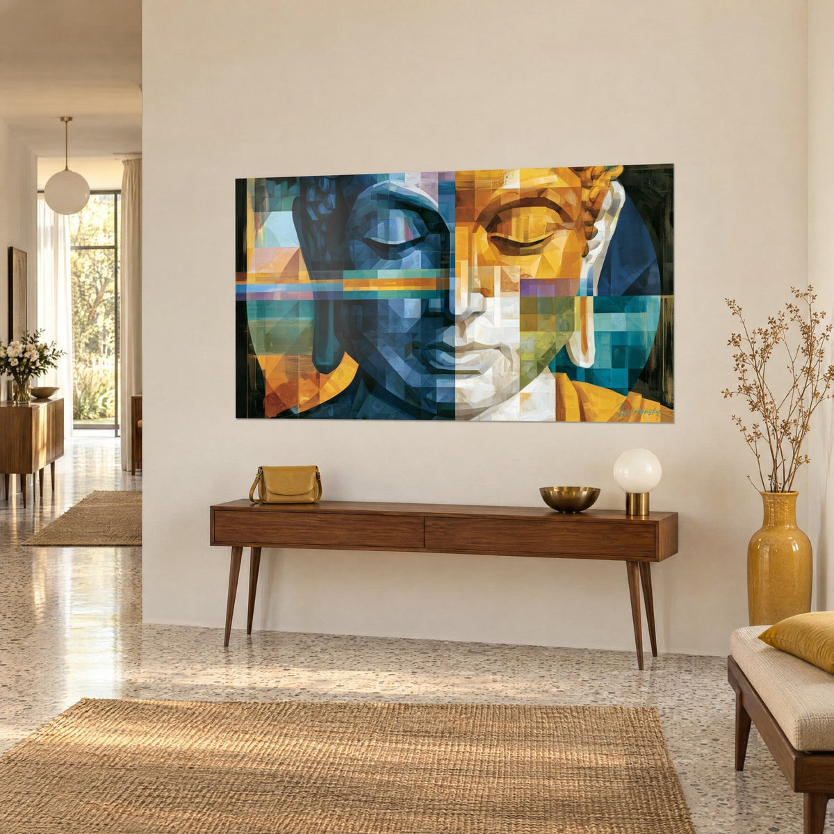Cuadro retrato simétrico de párpados cerrados, mitad índigo y mitad azafrán, vista de tres cuartos sobre una pared crema