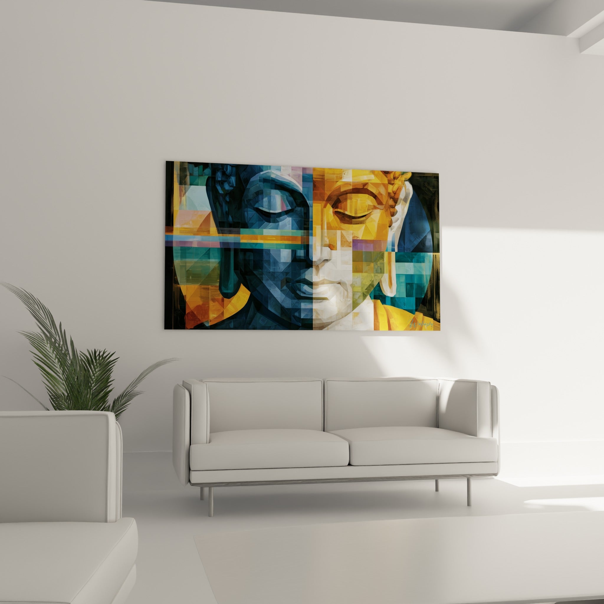 Sérénité du Bouddha en bleu marine et ocre, suspendue au-dessus d'un canapé dans un salon lumineux