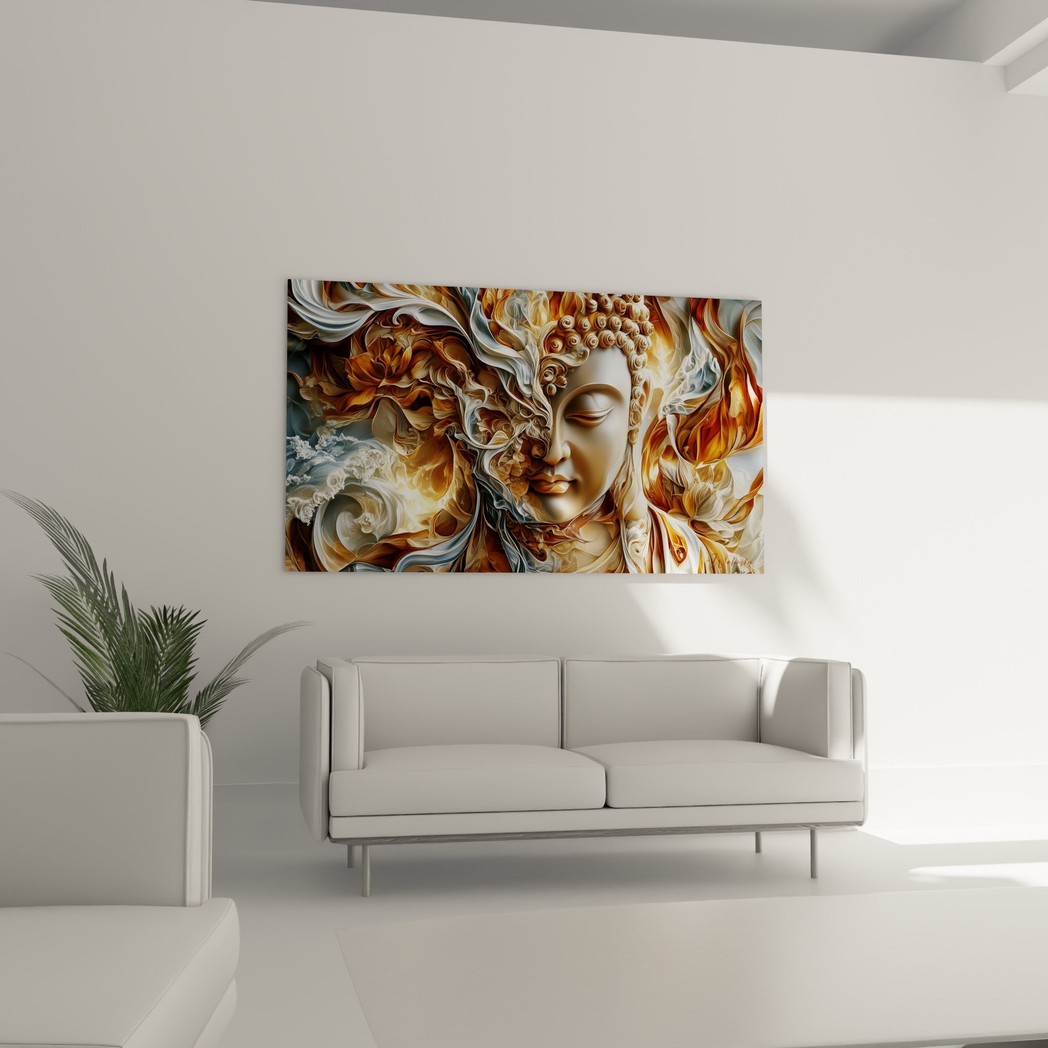 Sérénité du visage doré de Bouddha entouré de vagues blanches, au-dessus d'un canapé dans un salon lumineux