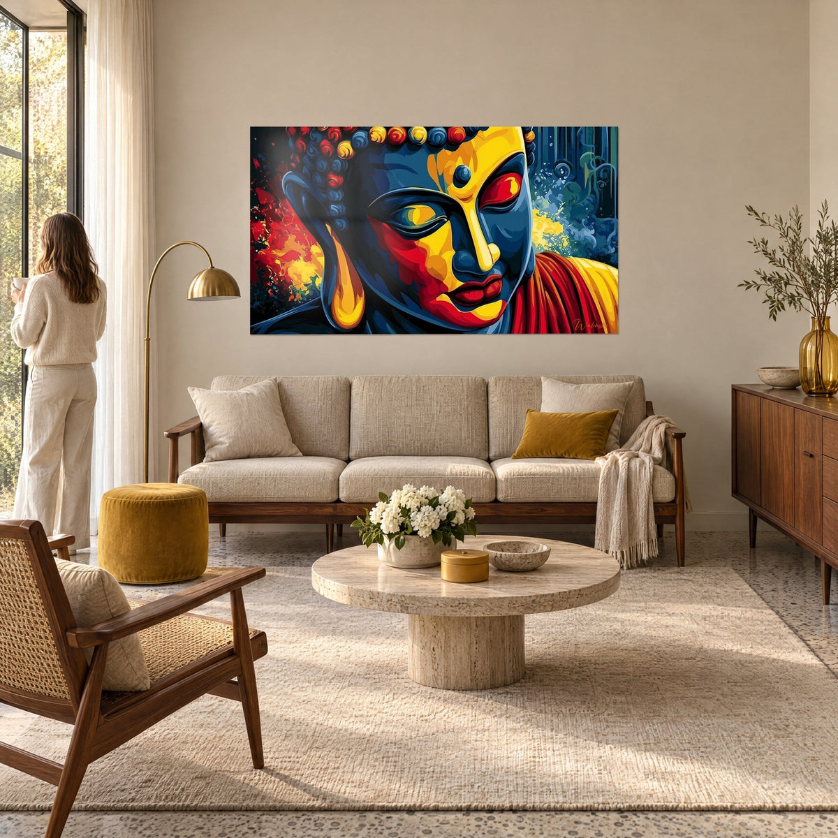 Tableau Bouddha au visage bleu nuit éclairé de jaune, perles rouges sur le front, au-dessus d'un canapé dans un salon lumineux