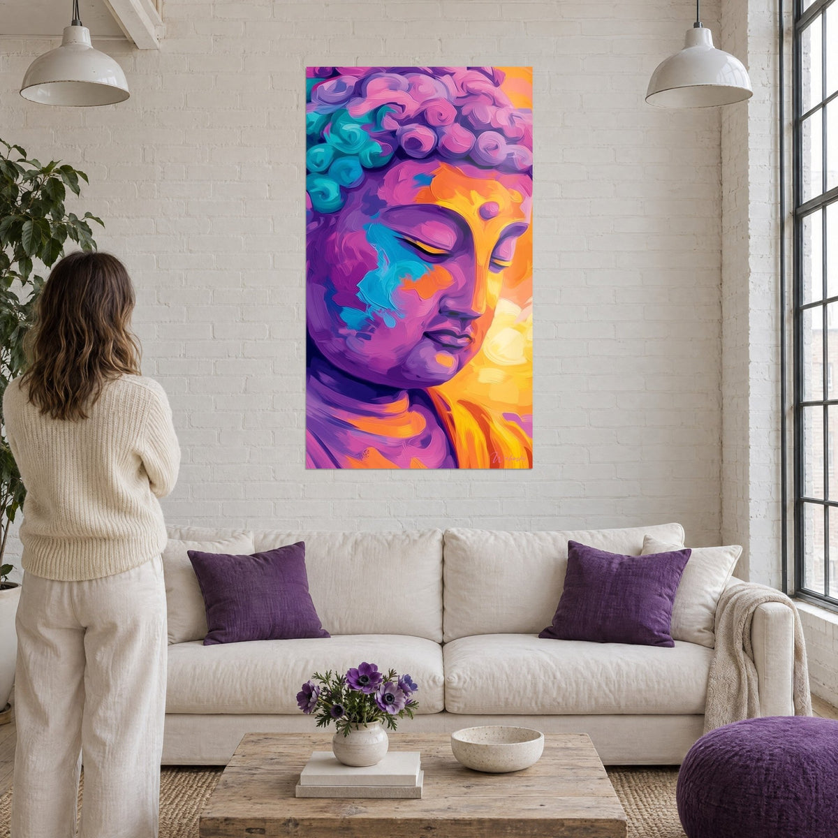 Tableau Bouddha aux boucles turquoise, joue bleue et front orange, accroché au-dessus d'un canapé dans un salon lumineux