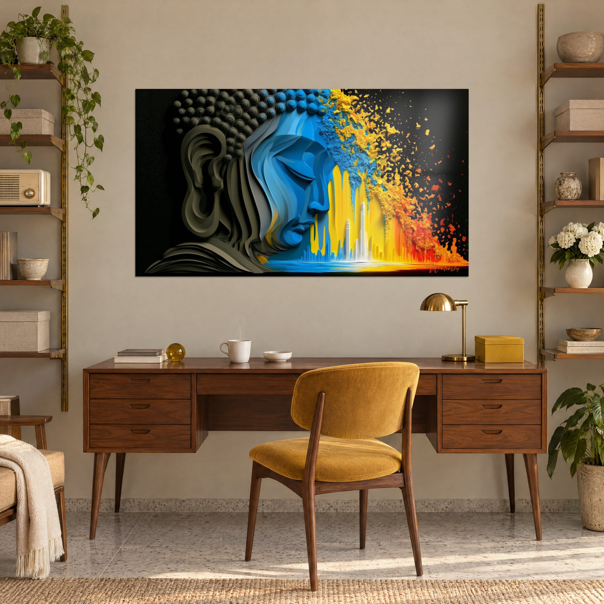 Schilderij meditatief blauw gezicht, gouden regen en kleine witte wolkenkrabbers op zwarte achtergrond, boven een houten bureau