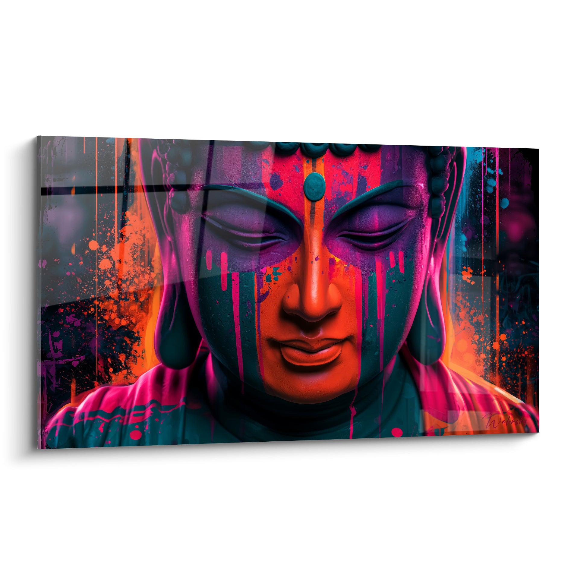 Bouddha aux yeux clos, coulures orange et rose vif sur fond turquoise sombre graphique