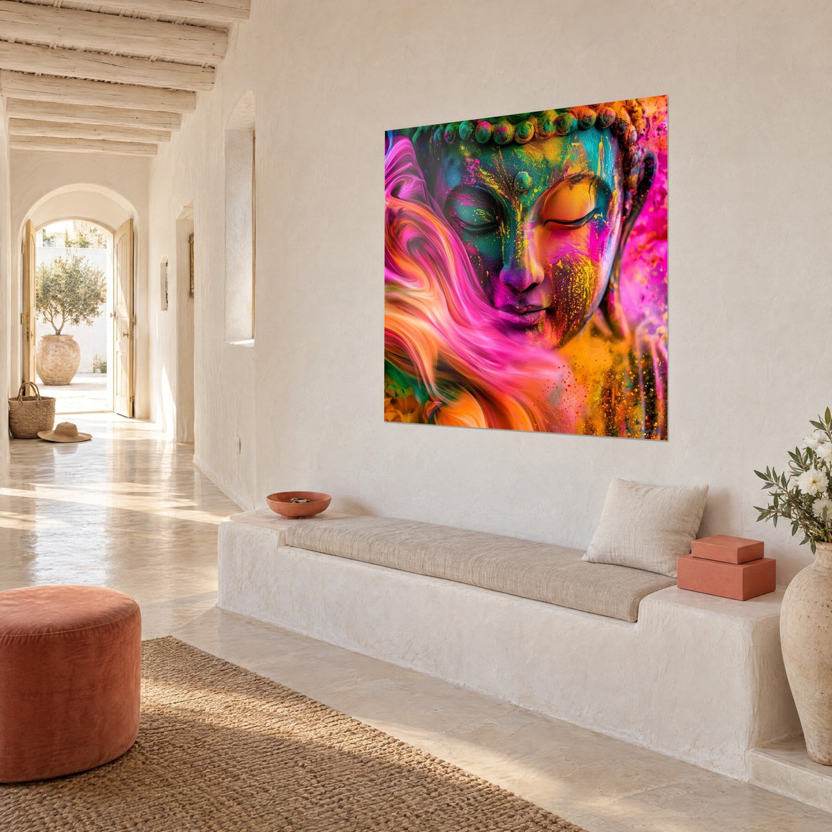 Wall art serene Buddha face splashed with pink and orange, fuchsia swirls, on a white wall of a Mediterranean house