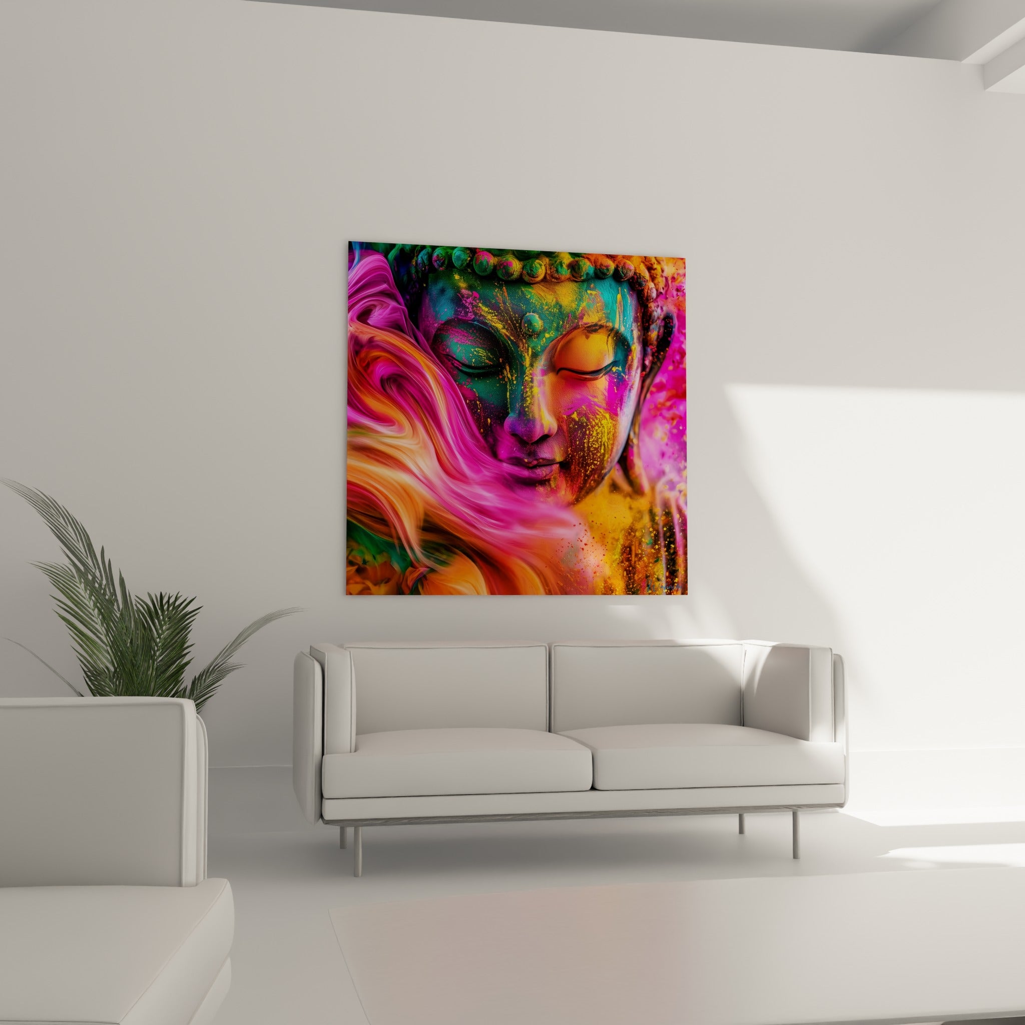 Bouddha aux teintes orange et rose vif suspendu au-dessus d'un canapé dans un salon lumineux