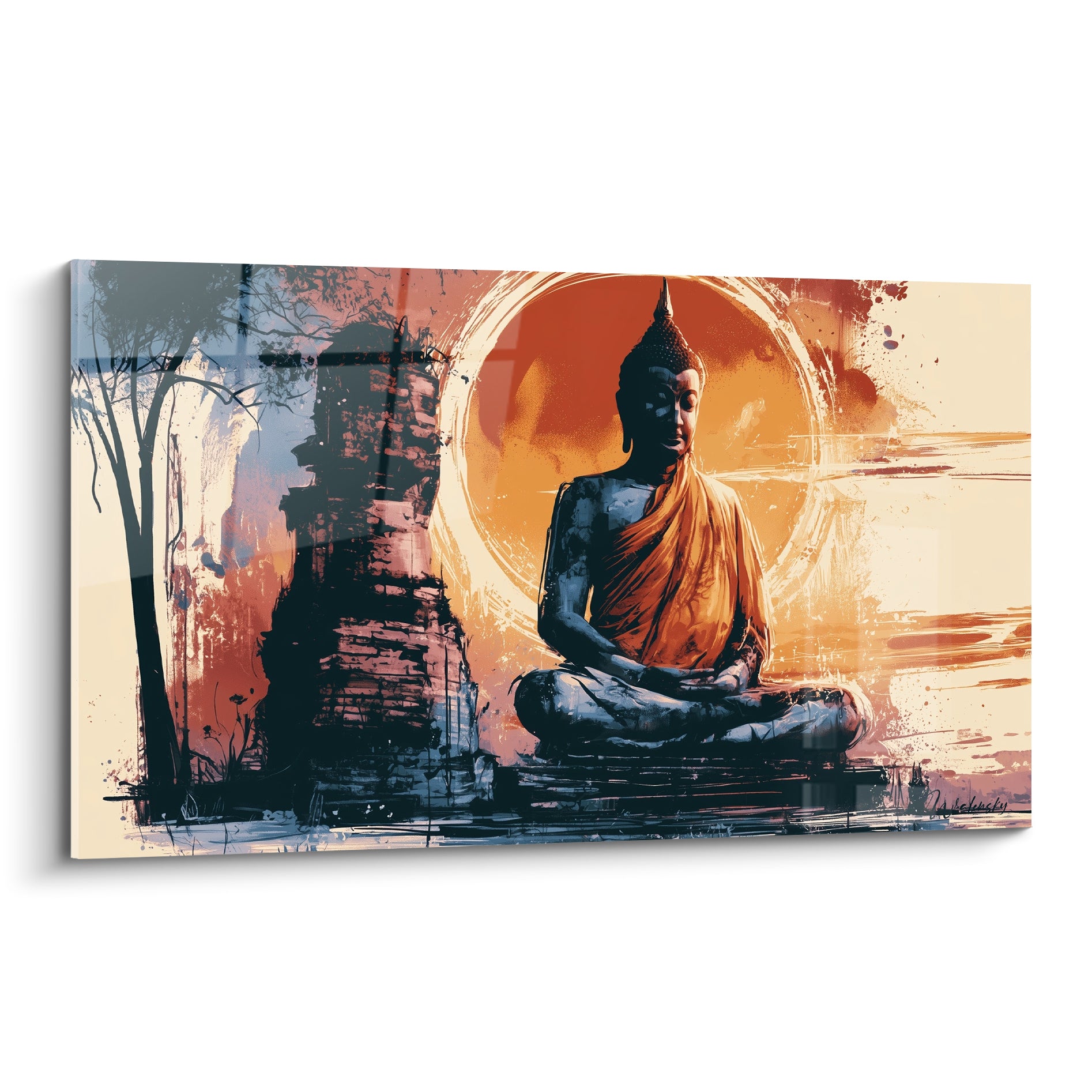 Bouddha assis en tunique orange devant un halo solaire, ruines anthracite et bleutées à gauche