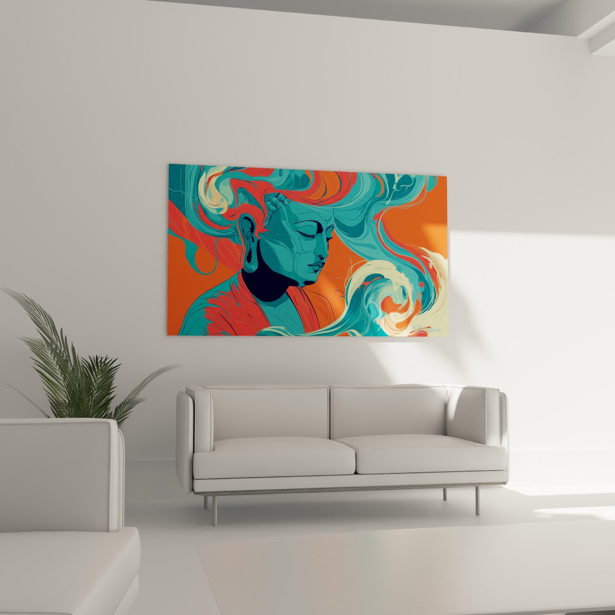 Silhouette sereine d'un Bouddha turquoise et orange dans un style graphique, au-dessus d'un canapé dans un salon lumineux