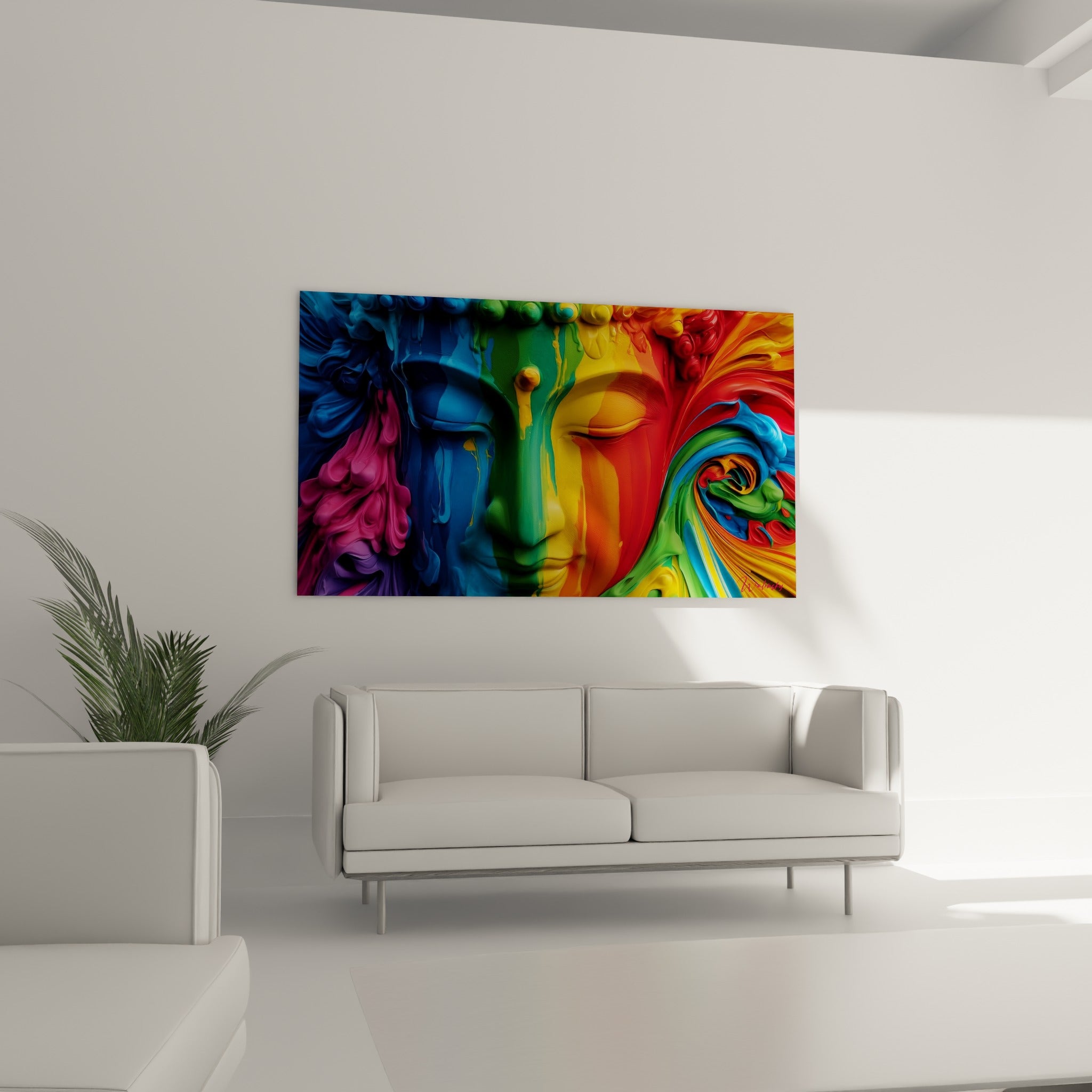 Bouddha méditatif aux couleurs fusionnées, orange et turquoise, au-dessus d'un canapé dans un salon lumineux
