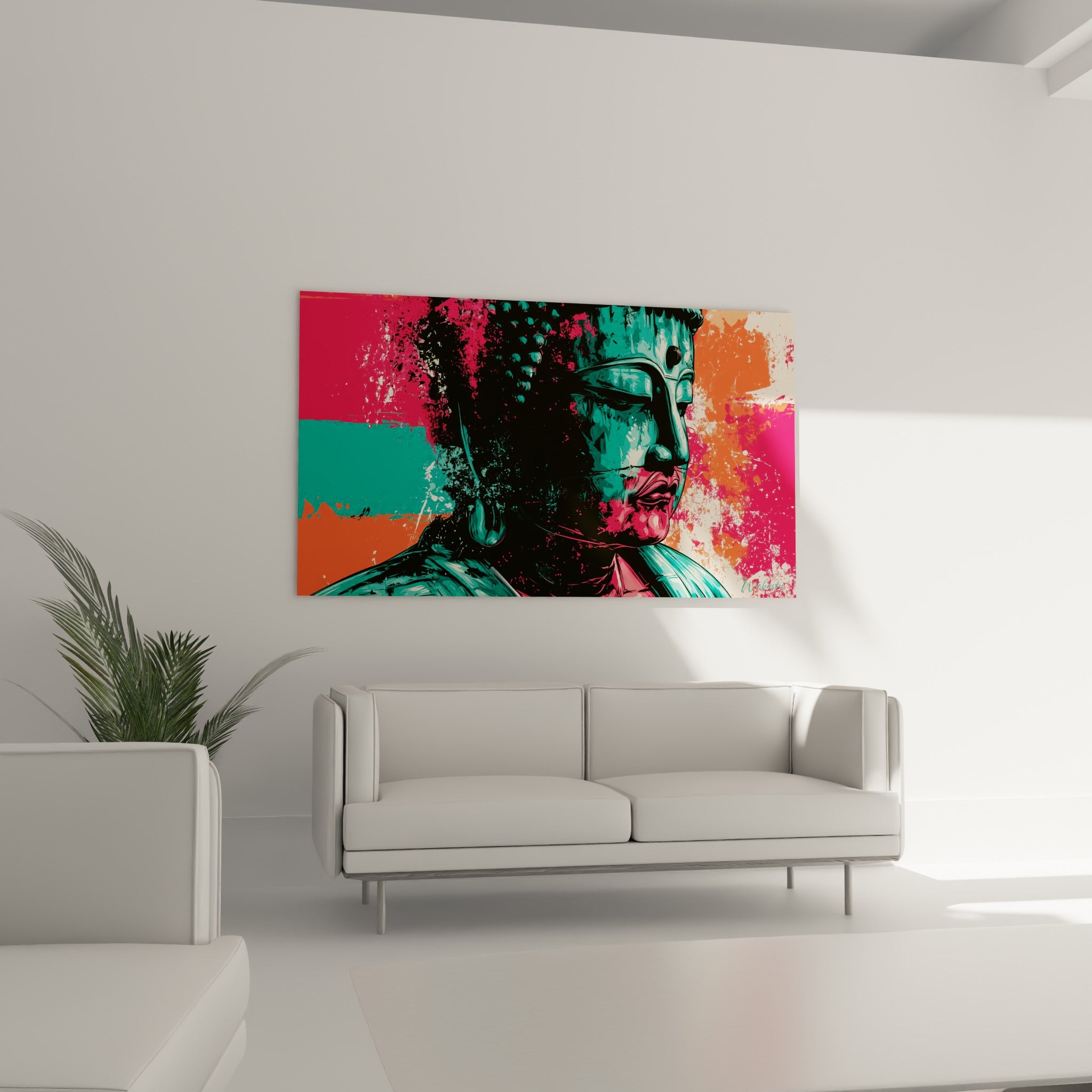 Portrait de Bouddha turquoise et orange vif, suspendu au-dessus d'un canapé dans un salon lumineux
