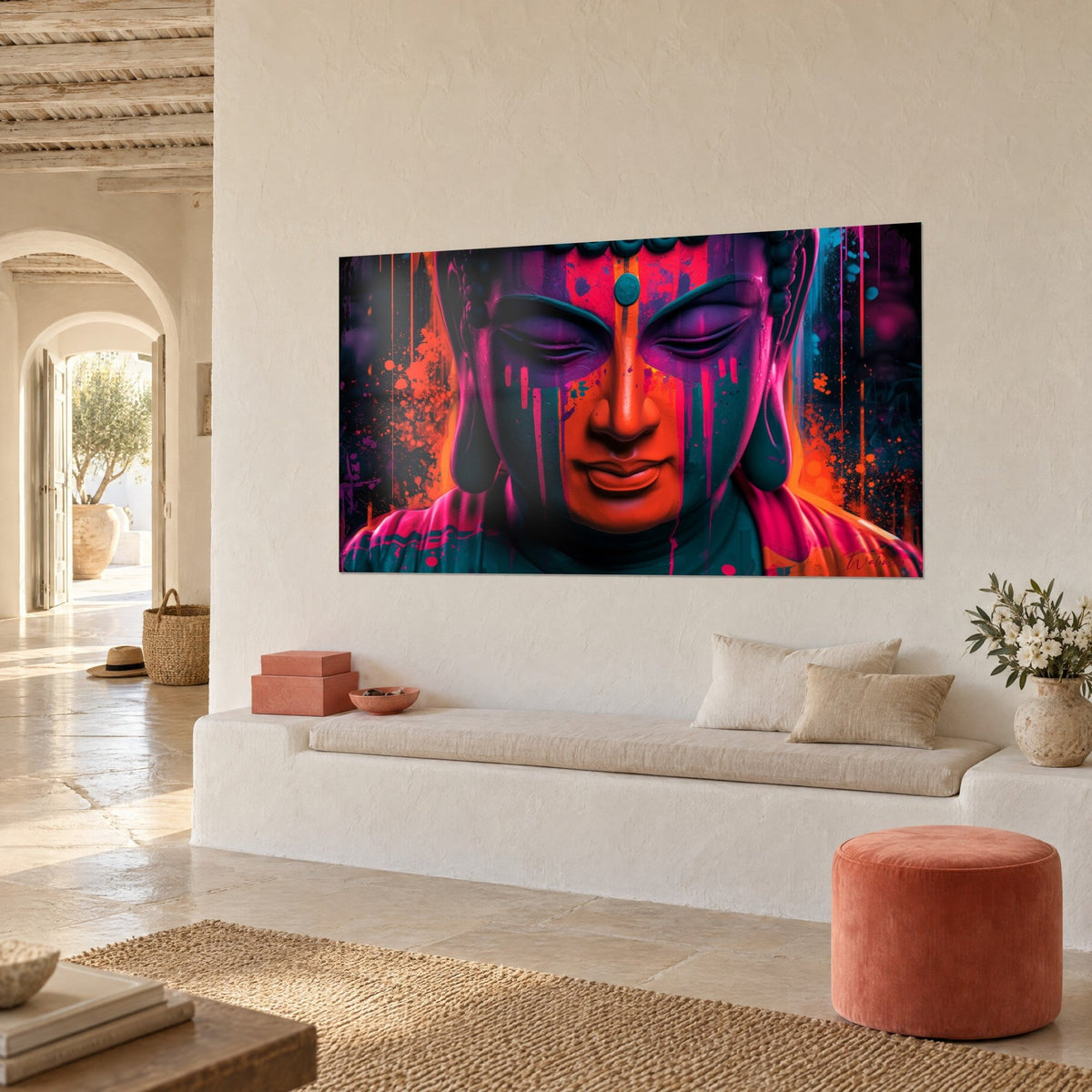 Quadro statua serena dalle palpebre chiuse, pittura rosa vivo e arancio che cola, schizzi scuri, panca bianca in una casa mediterranea