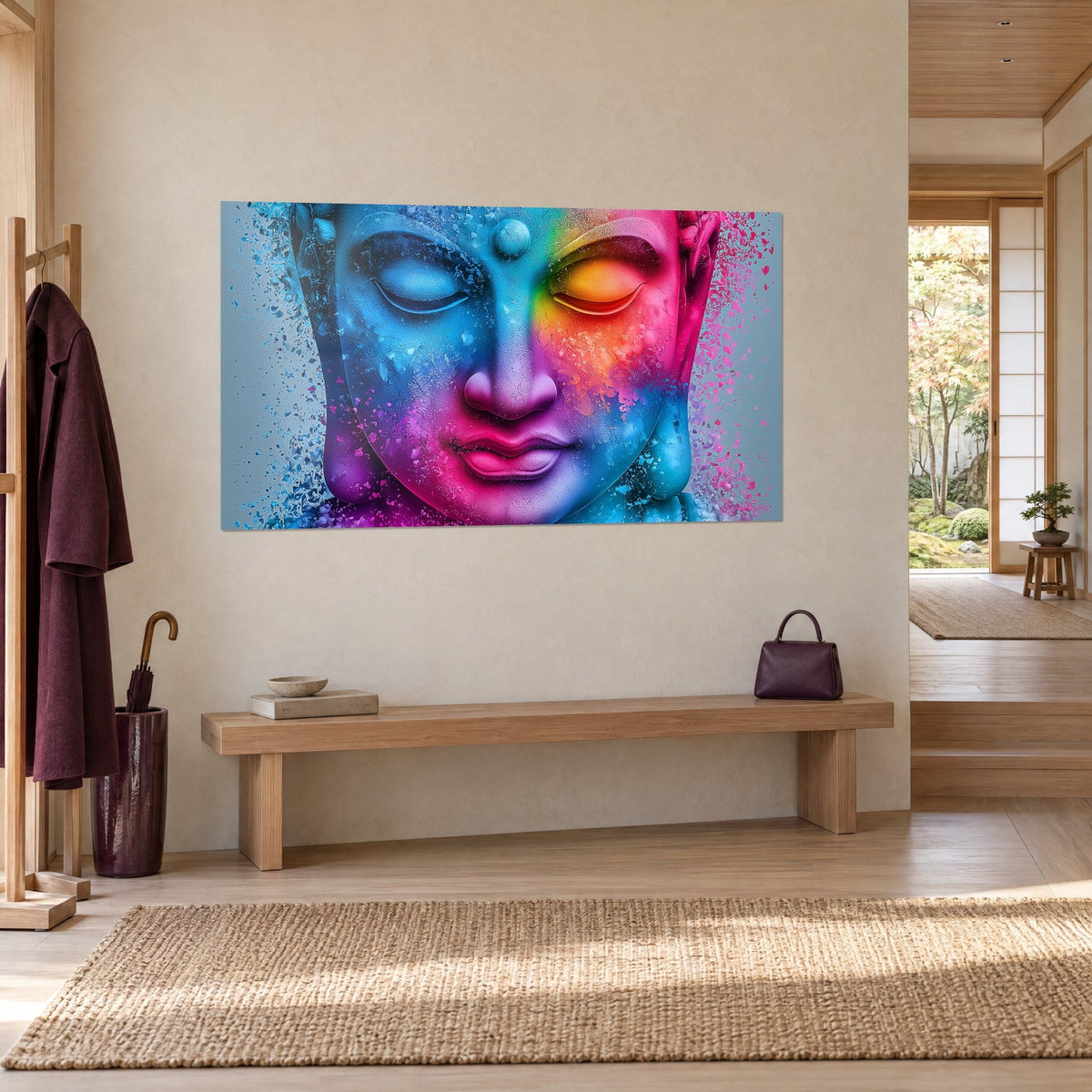 Quadro volto sereno di statua con guance turchesi e bocca fucsia, schizzi di colore su sfondo grigio, ingresso japandi in vista di tre quarti