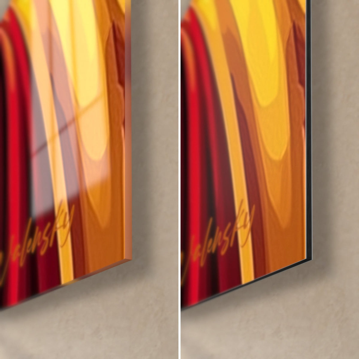 Tableau visage méditatif, coin bas droit : drapé rouge et orangé, verre brillant reflétant la lumière et Dibond noir mat de 3 mm