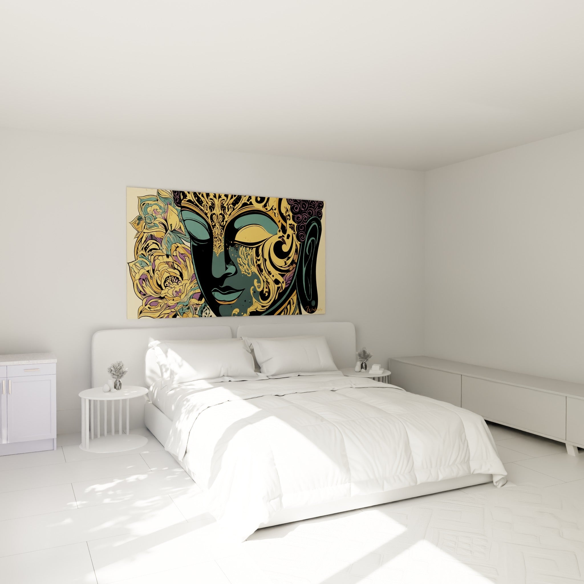 Bouddha doré aux motifs floraux mauves accroché au-dessus d'un lit dans une chambre claire
