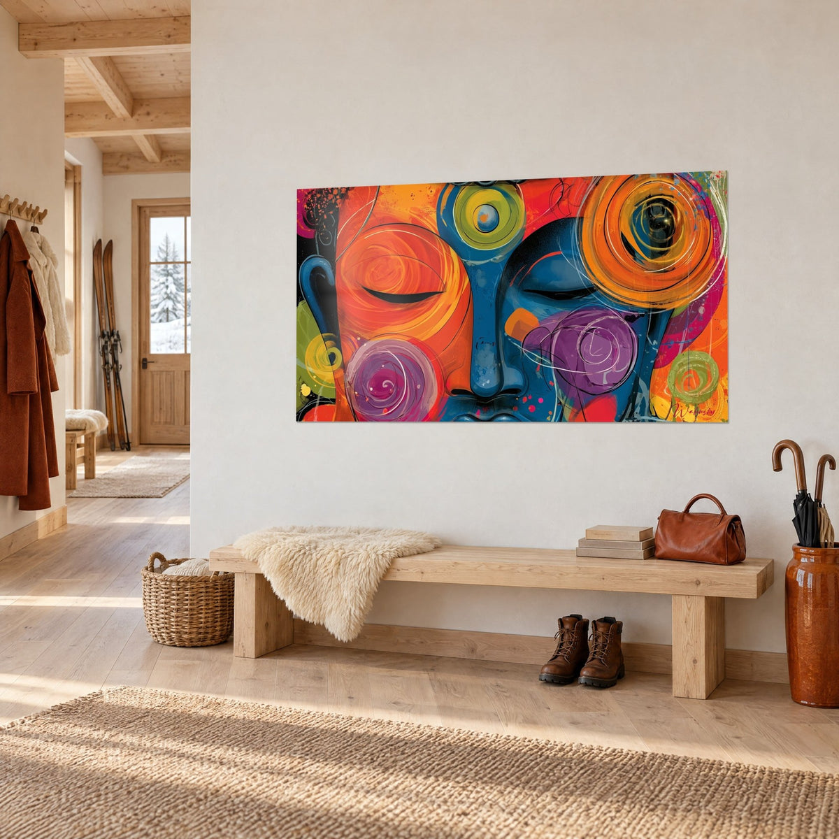Tableau masque serein aux cercles concentriques jaune et pourpre, accroché au mur d'une entrée de chalet en bois clair