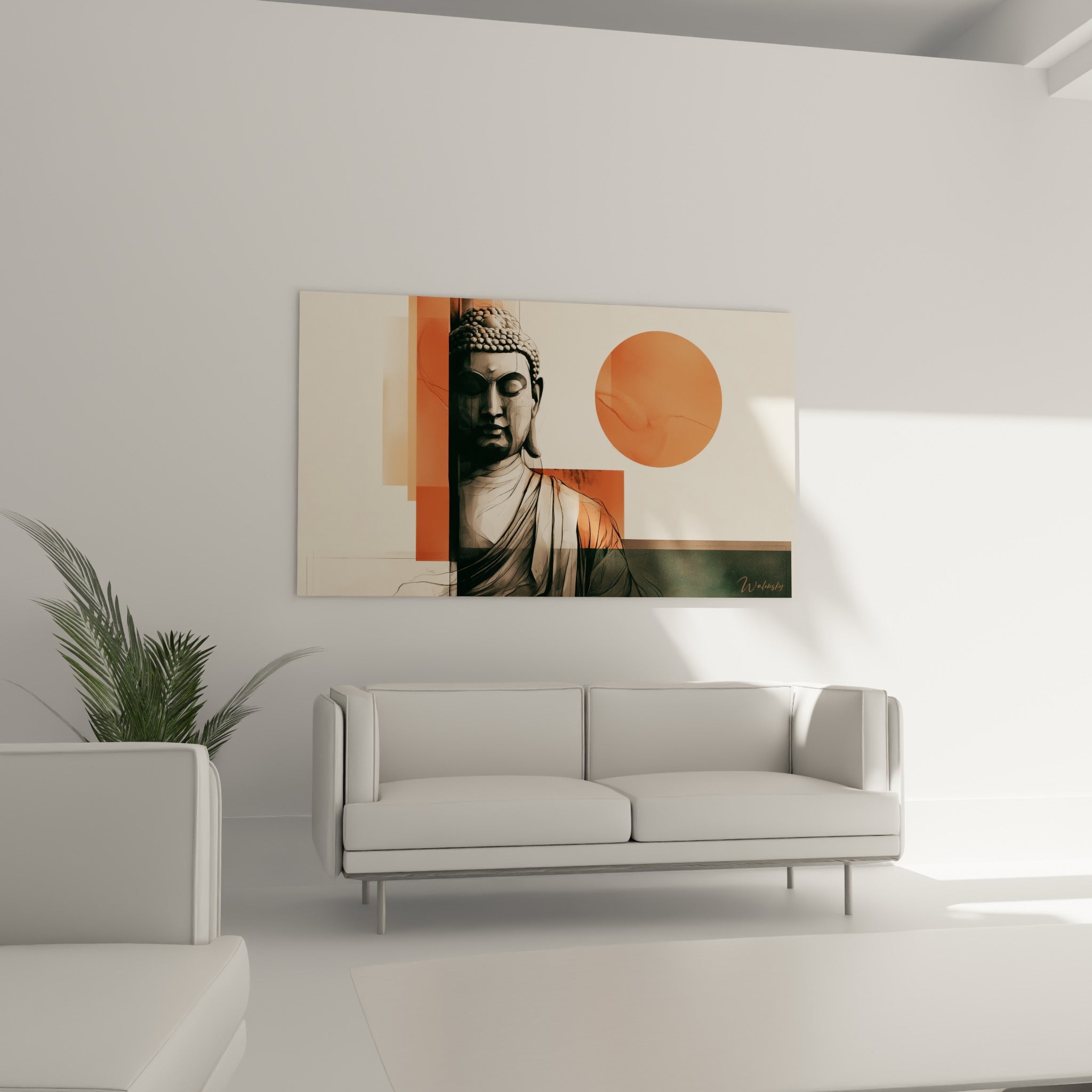 Portrait du Bouddha aux tons anthracite et orange brûlé au-dessus d'un canapé dans un salon lumineux