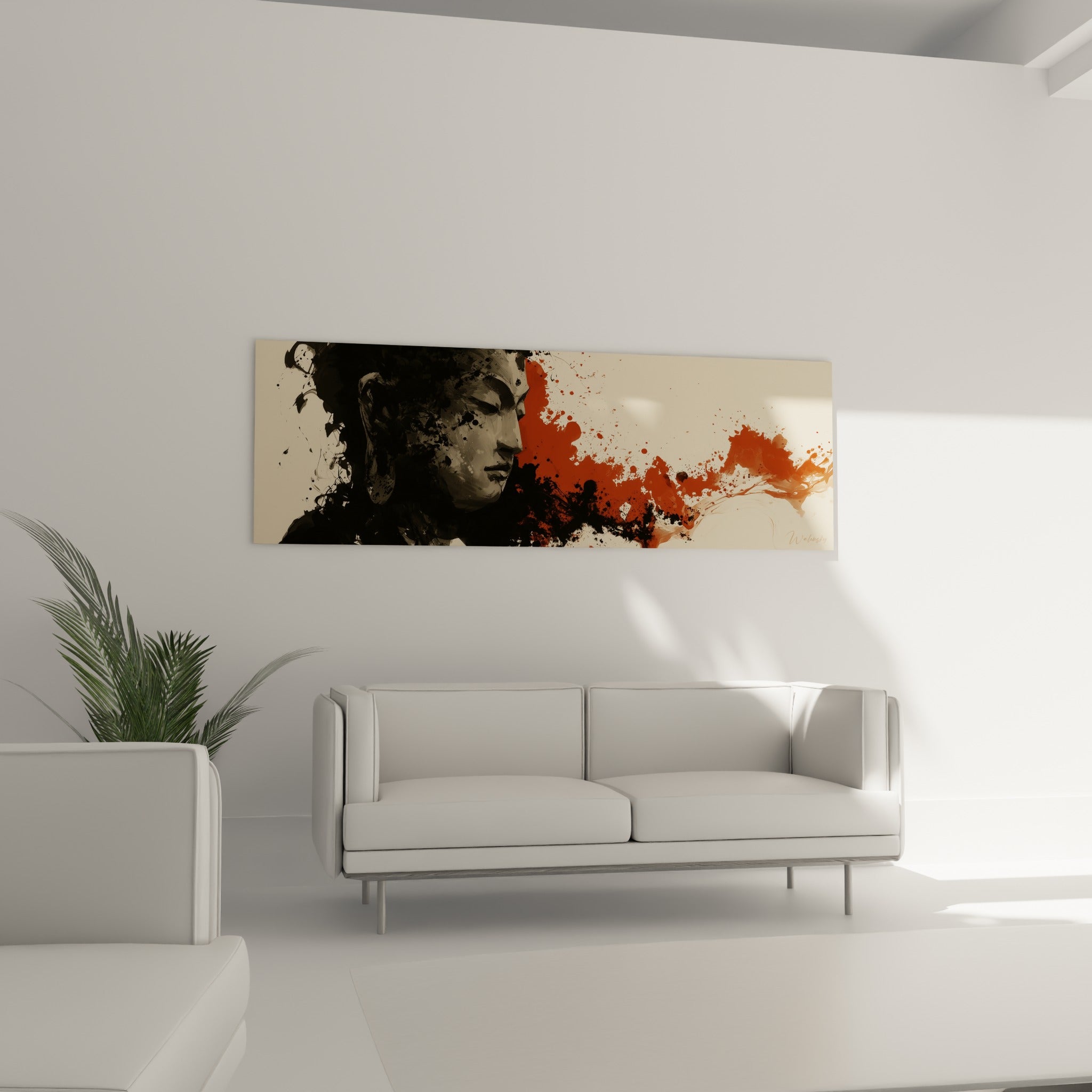 Portrait de Bouddha aux tons gris et rouille au-dessus d'un canapé dans un salon lumineux