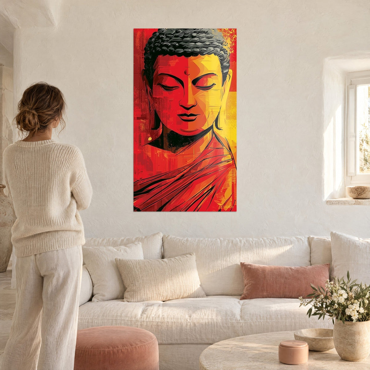 Tableau visage de Bouddha rouge et jaune aux paupières closes, drapé strié, au-dessus d'un canapé dans un salon lumineux