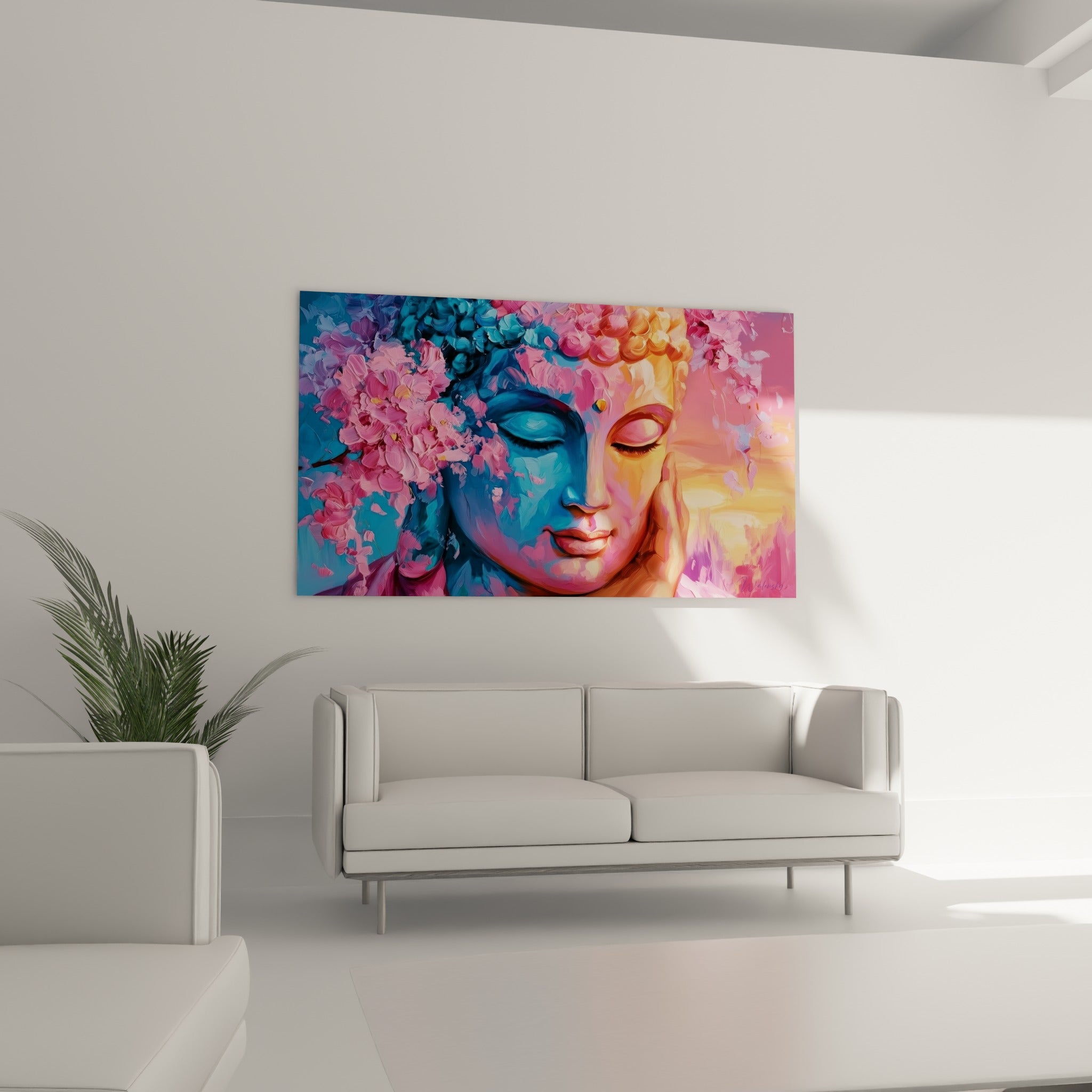 Portrait de Bouddha méditatif bleu et pêche fleuri de rose, au-dessus d'un canapé dans un salon lumineux