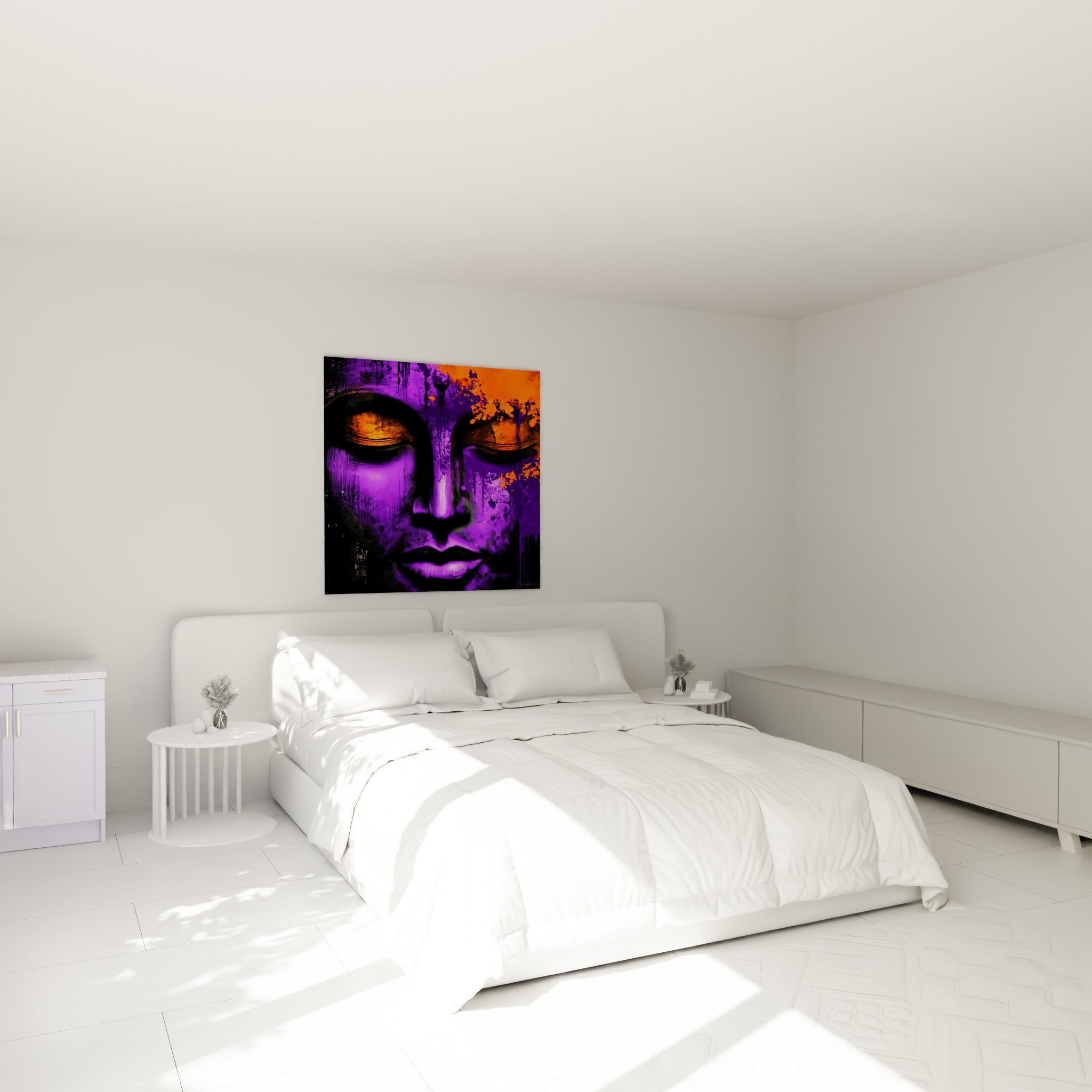Sérénité d'un Bouddha violet et orange accrochée au-dessus d'un lit dans une chambre claire