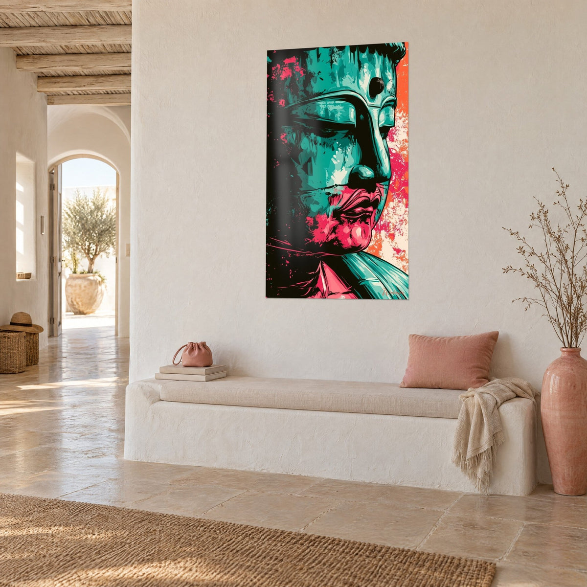 Wall art profile of a jade statue with pink lips, black outlines and coral background, three-quarter view in a Mediterranean home