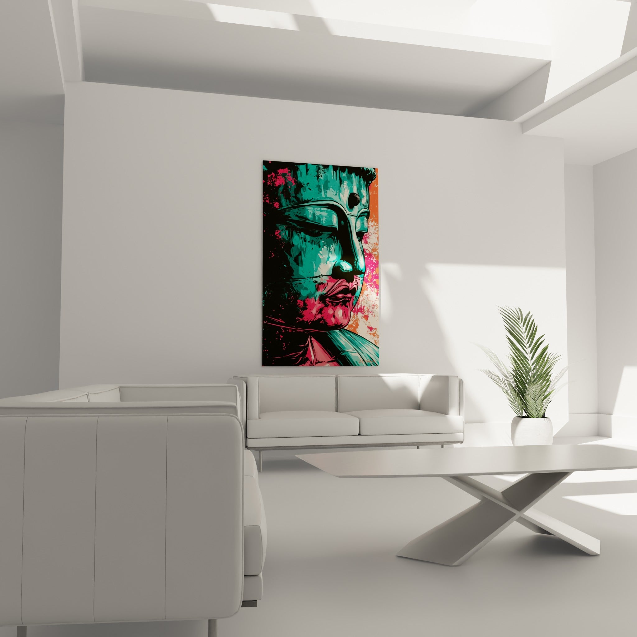 Profil de Bouddha aux tons turquoise et corail, suspendu au-dessus d'un canapé dans un salon lumineux
