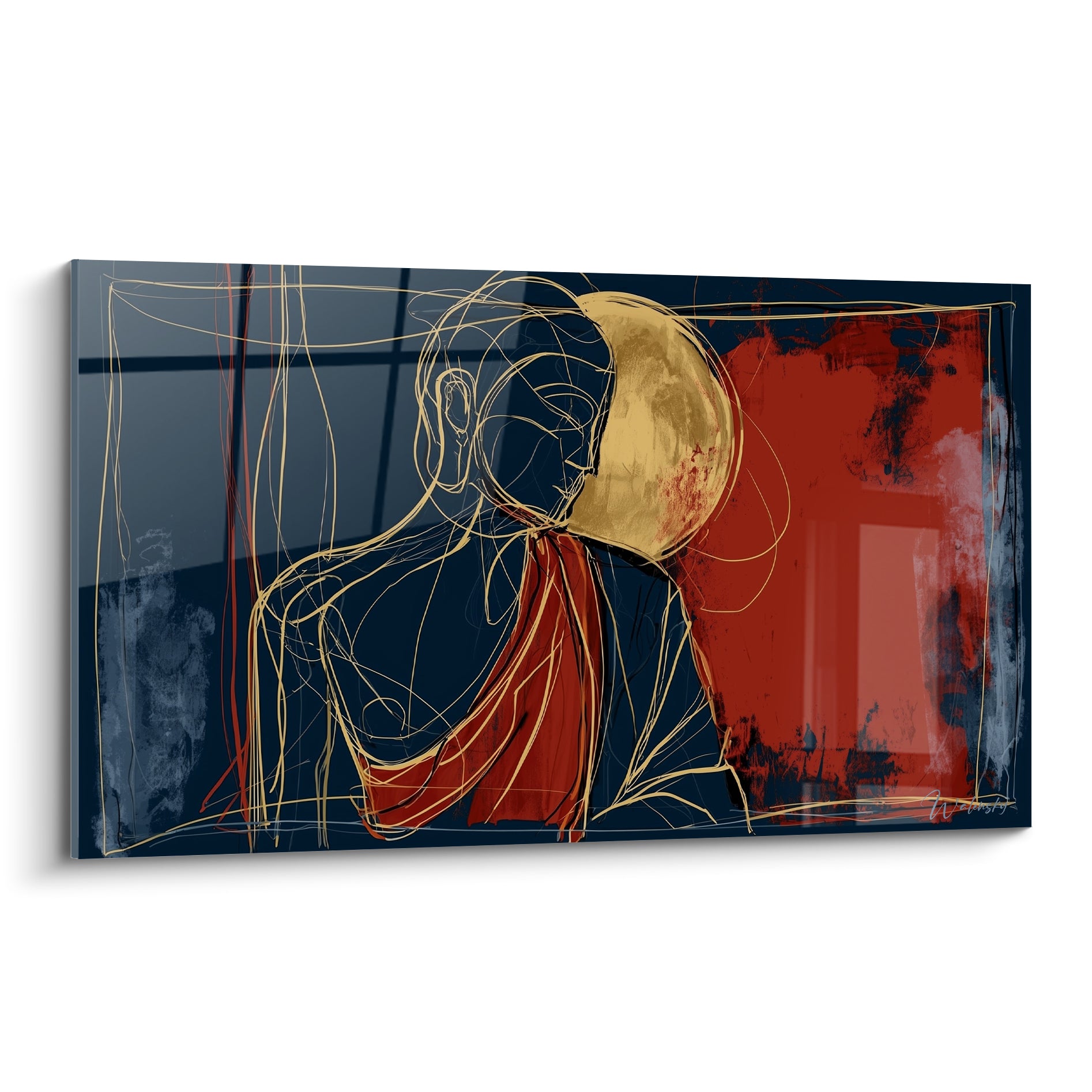 Bouddha au profil doré esquissé sur fond bleu marine et terracotta, écharpe rouge sombre
