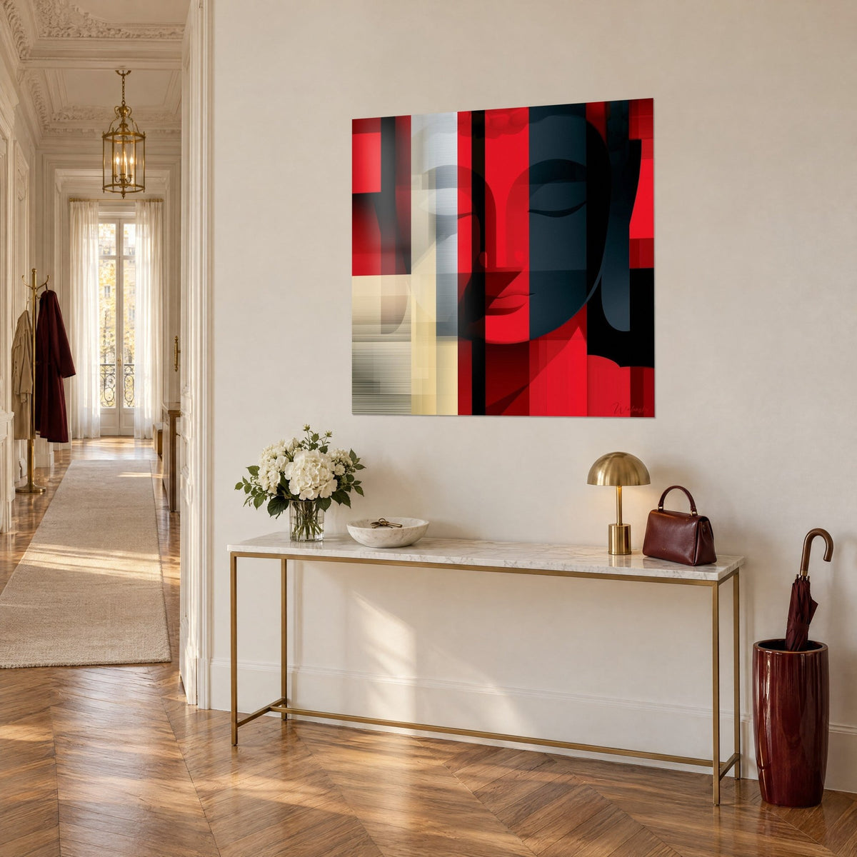Tableau méditation fragmentée, paupières closes en rouge et noir, bandes crème, vue de trois-quarts sur console, appartement haussmannien