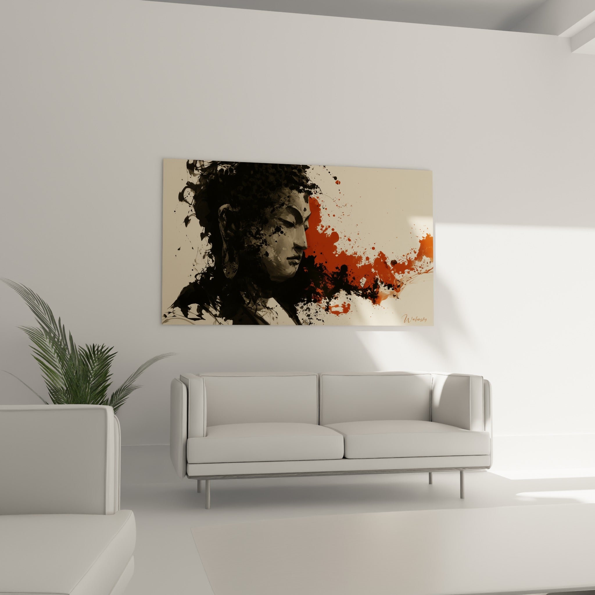 Profil méditatif de Bouddha entouré de projections anthracite et terracotta, au-dessus d'un canapé dans un salon lumineux