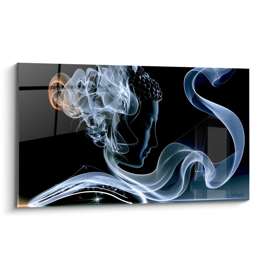 Tableau Visage noir et bleu aux volutes de fumée - Étincelle orangée flottante - Edition Bouddha
