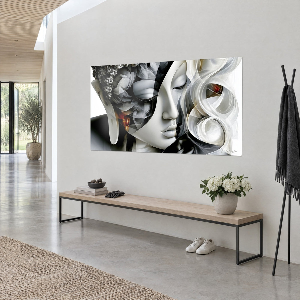 Tableau profil fusionné d'une statue au front perlé, blanc ivoire et noir profond, accent rouge braise, vu de trois-quarts sur un mur clair