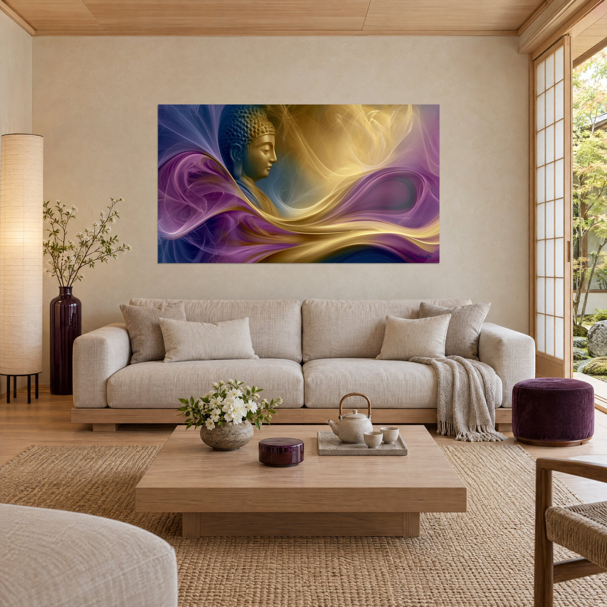 Cuadro rostro de Buda dorado en perfil sereno, olas de seda violeta y oro, encima de un sofá en un salón luminoso