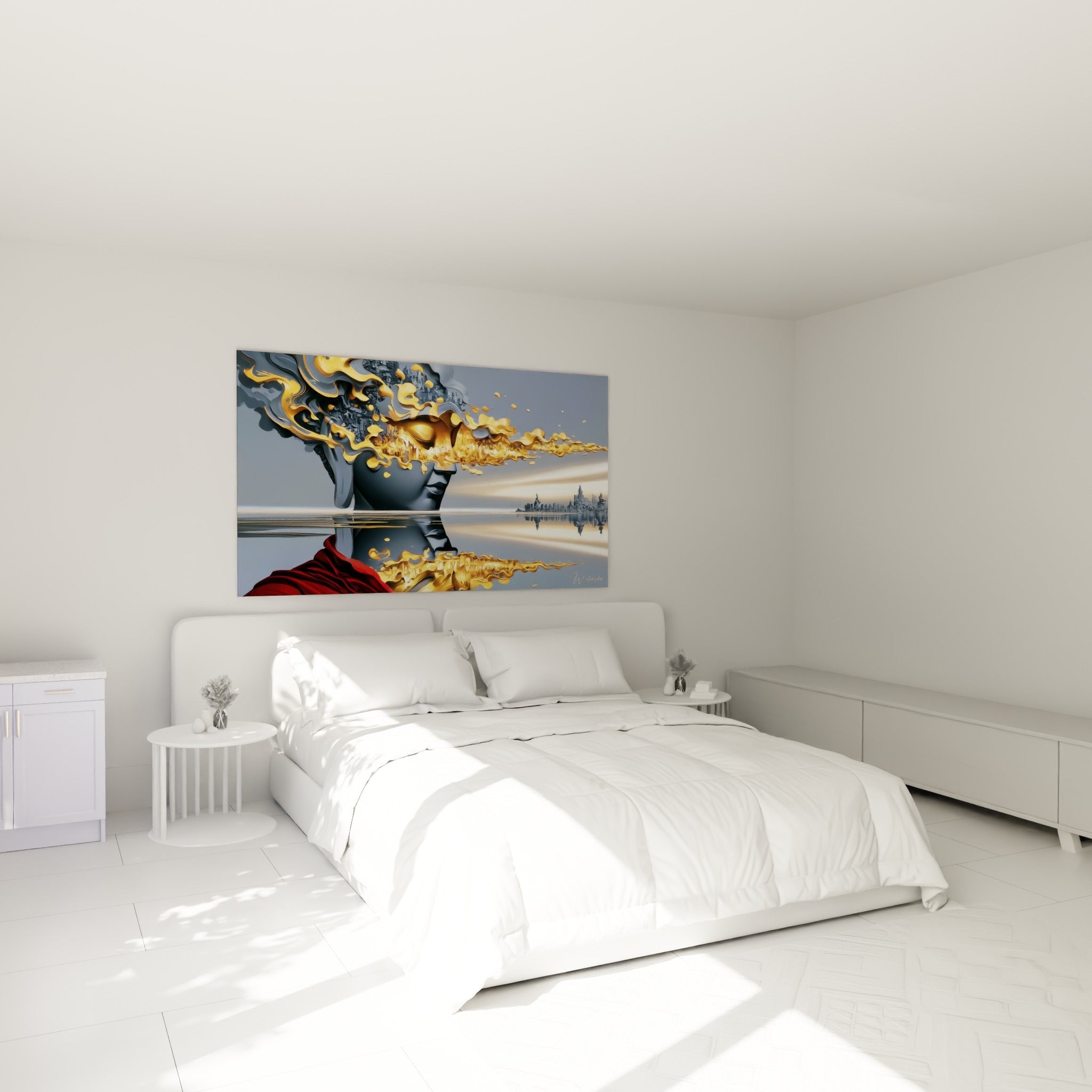 Visage de Bouddha doré et anthracite se consumant en skyline, au-dessus d'un lit dans une chambre claire