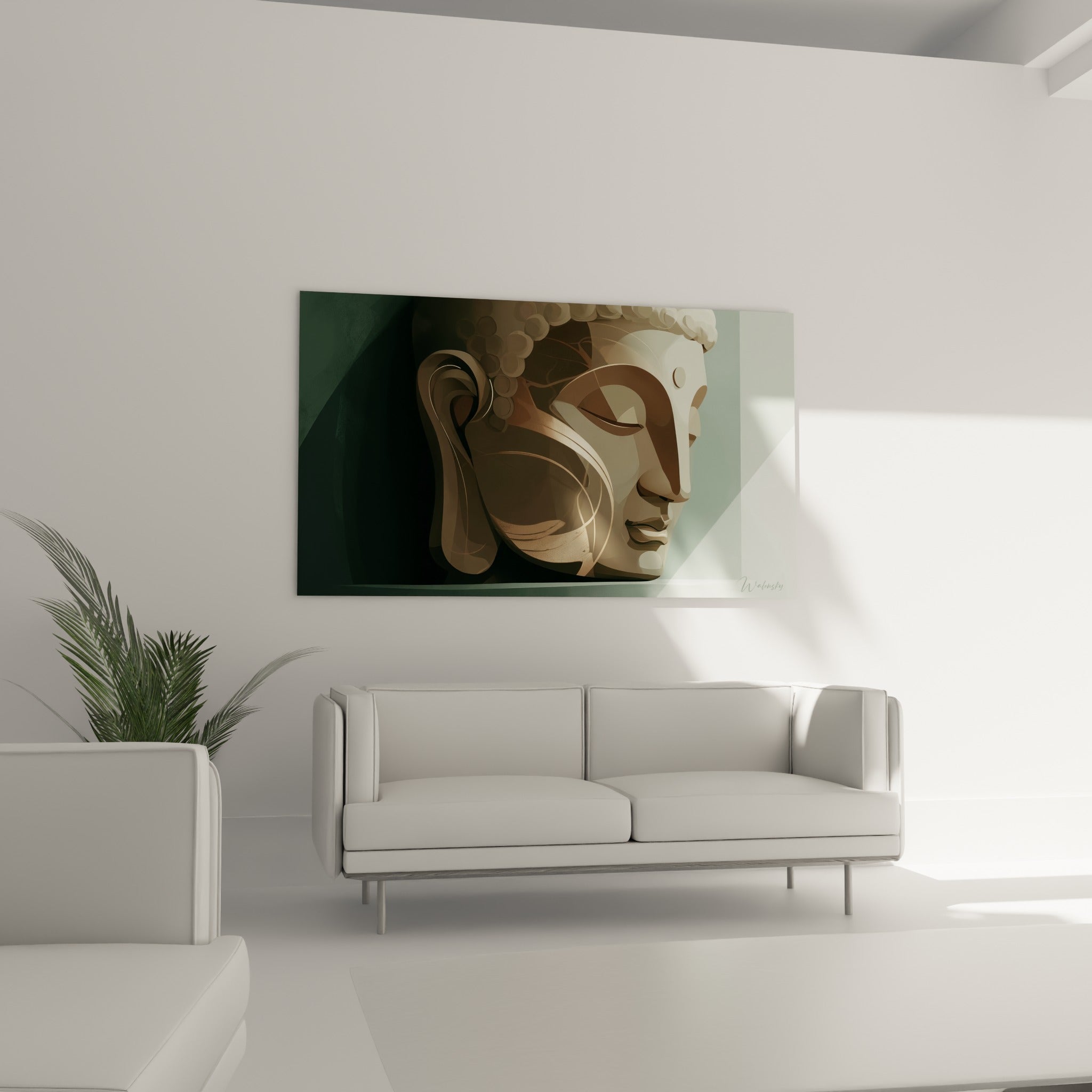 Sculpture de Bouddha aux tons ocre et vert sauge suspendue au-dessus d'un canapé dans un salon lumineux