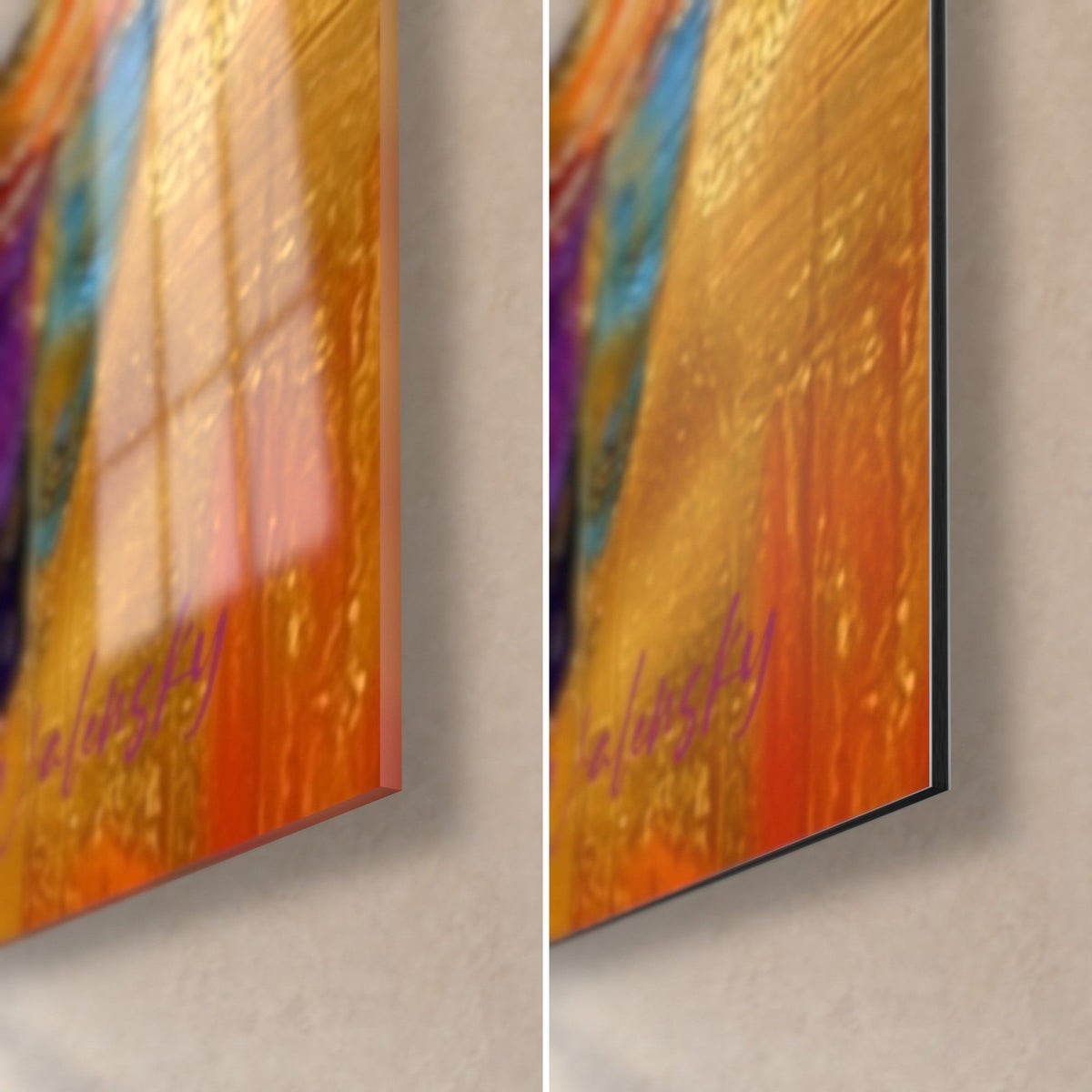 Tableau profil serein, coin bas droit : verre acrylique brillant aux reflets à gauche, Dibond mat orangé, tranche 3 mm