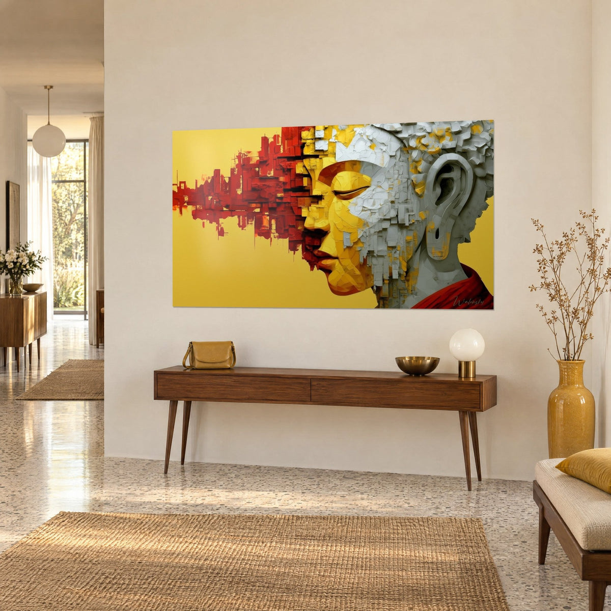 Cuadro perfil de Buda con los párpados cerrados, amarillo mostaza y blanco desconchado, pared beige, consola de madera, vista de tres cuartos