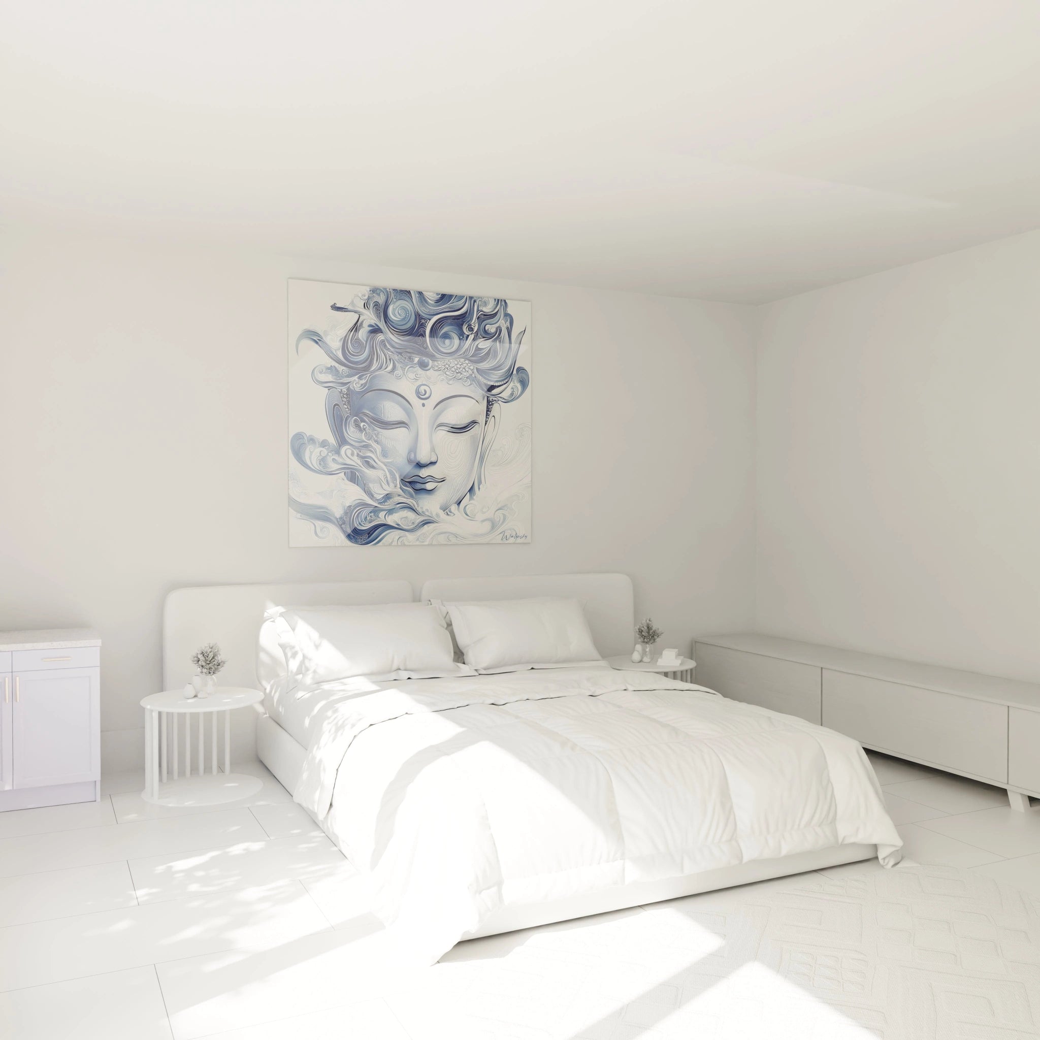 Tableau bouddha bleu Walensky accroché au-dessus d'un lit blanc dans une chambre lumineuse